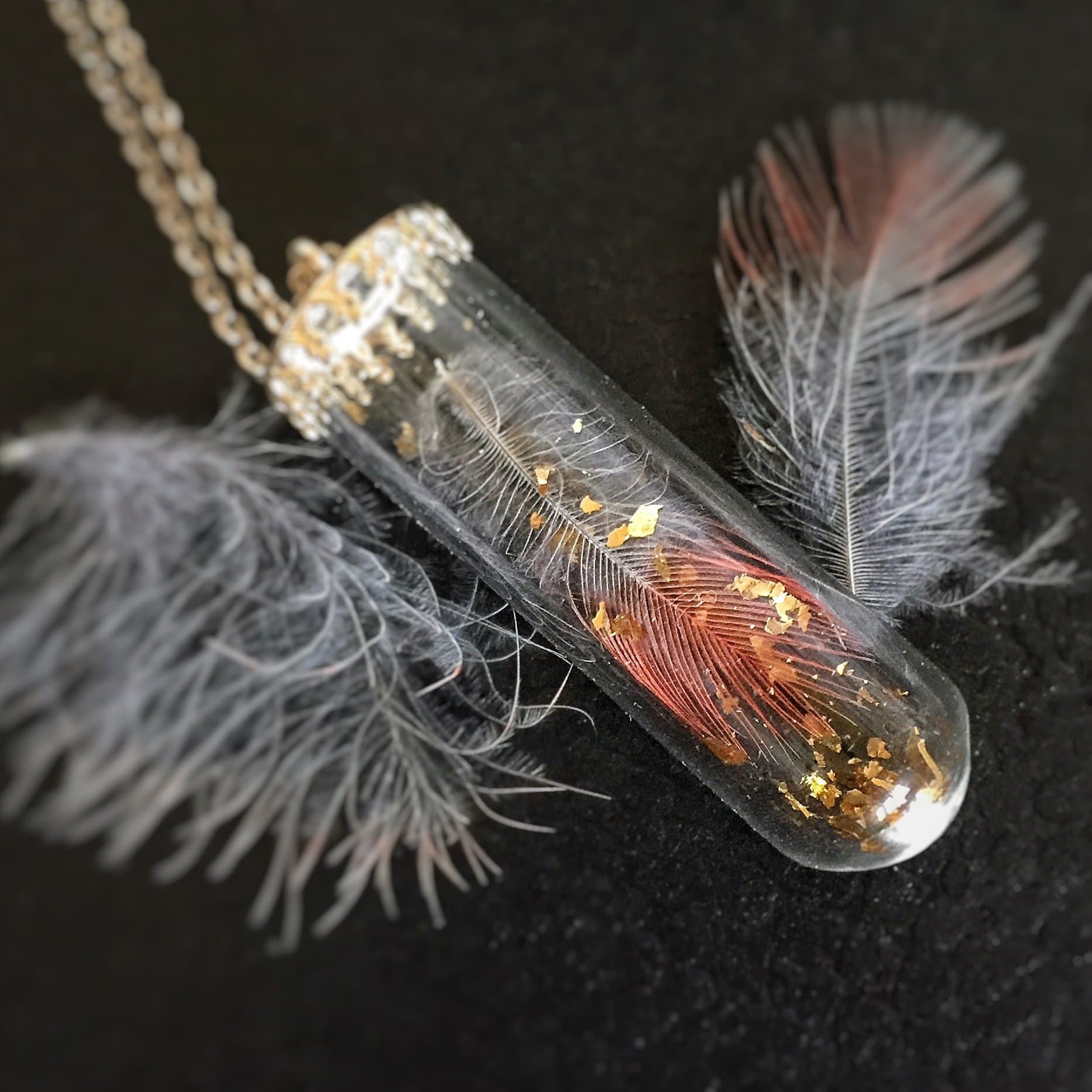 Real Feather Necklace, Northern Cardinal, Bird, Glass Bottle, Mori Girl Gold foil Sparkles, Terrarium
