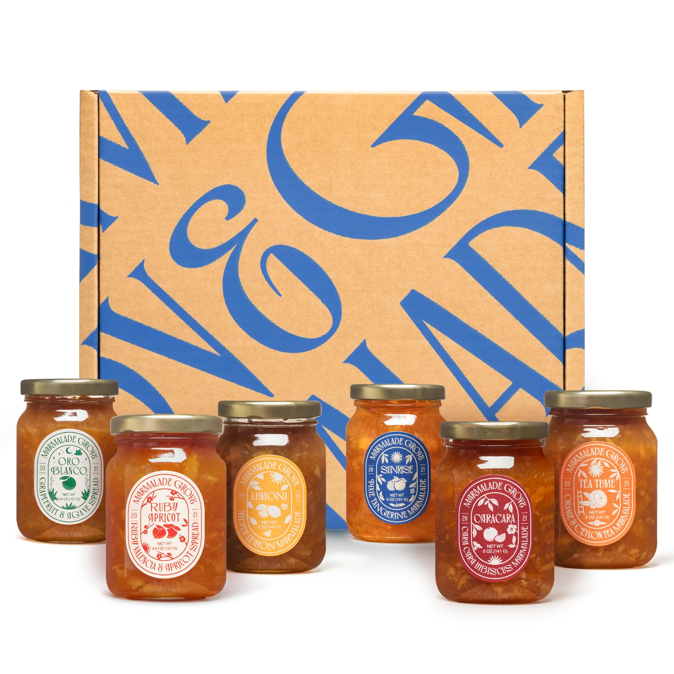 Marmalade Grove, “Party Of Six” Marmalade Gift Set, Handmade With Fresh Fruit, (Pixie Tangerine, Cara Cara Orange & Hibiscus, Meyer Lemon & Honey, Navel Orange & Ceylon Tea, Ruby Valencia Orange & Apricot, Oroblanco Grapefruit & Agave), 5 oz Jars (Pack Of 6)