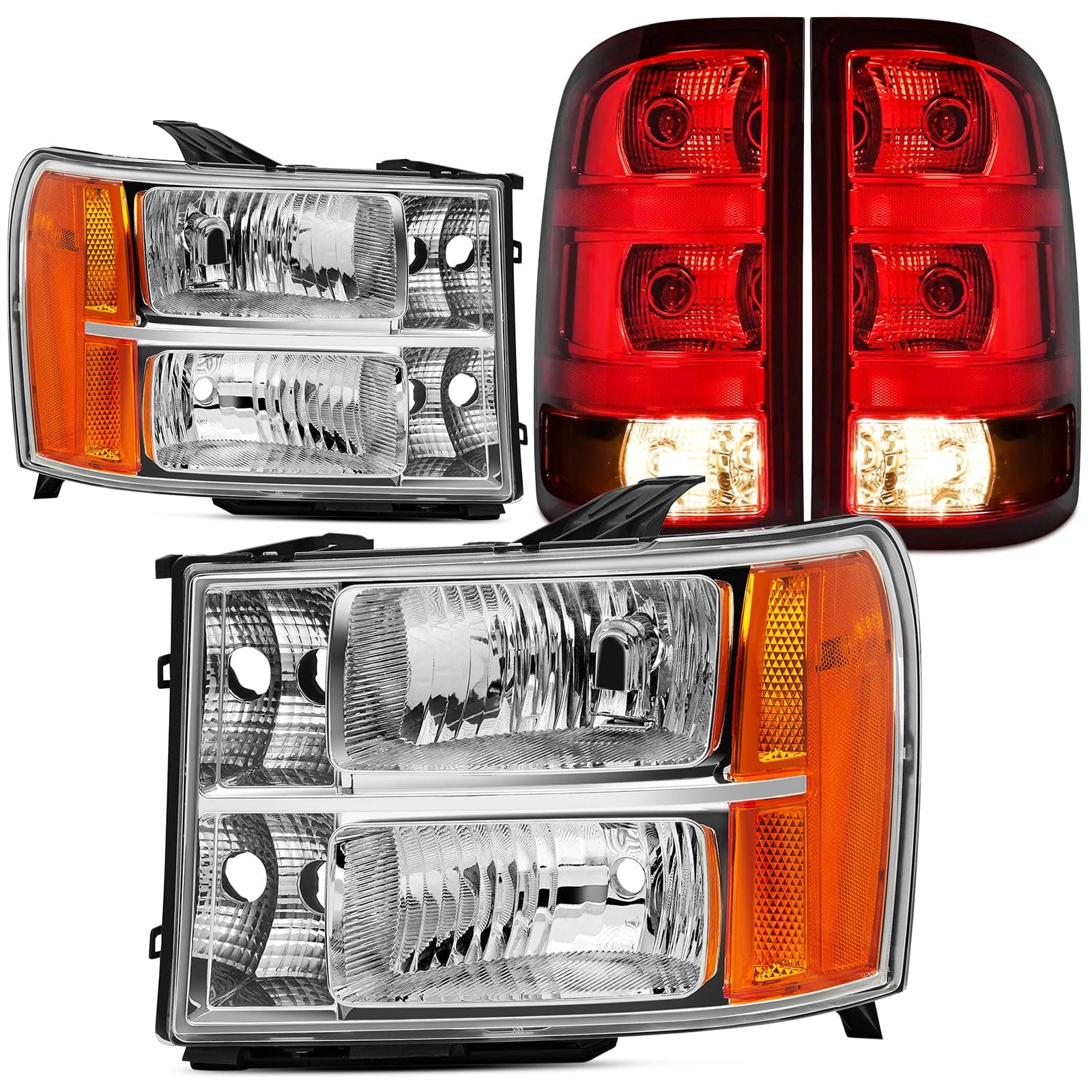 Headlight Taillight Combo Compatible with 2007-2013 GMC Sierra 1500/2007-2014 Sierra 2500HD 3500HD, Replacement Chrome W/Amber Headlamp OE Style Brake Lamps