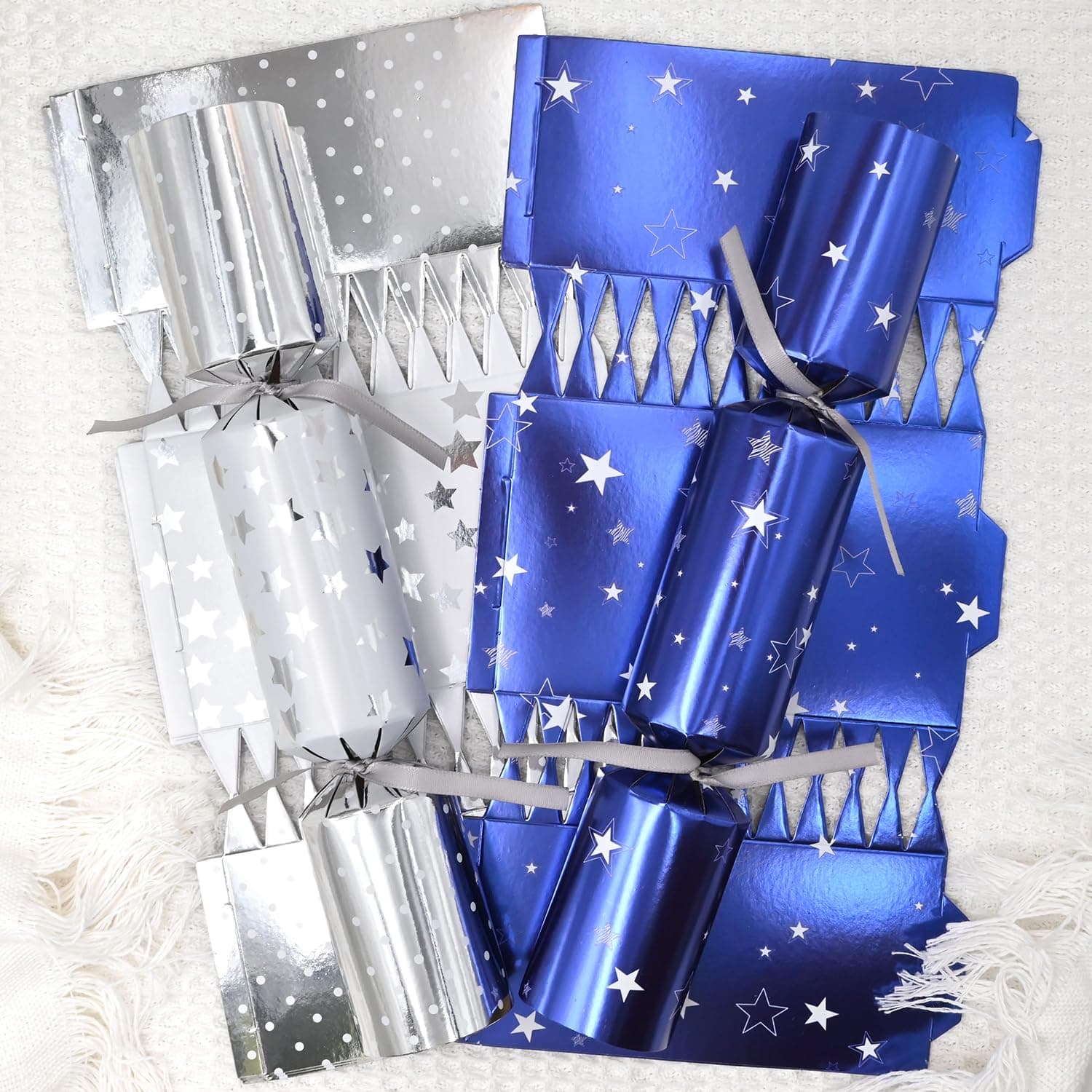 10 Pack Blue Luxury Chritmas Crackers, 10 Hats 20 Strings 10 Jokes Silver Christmas Party Game Make Your Own Christmas Cracker DIY Cracker Festive Seasonal