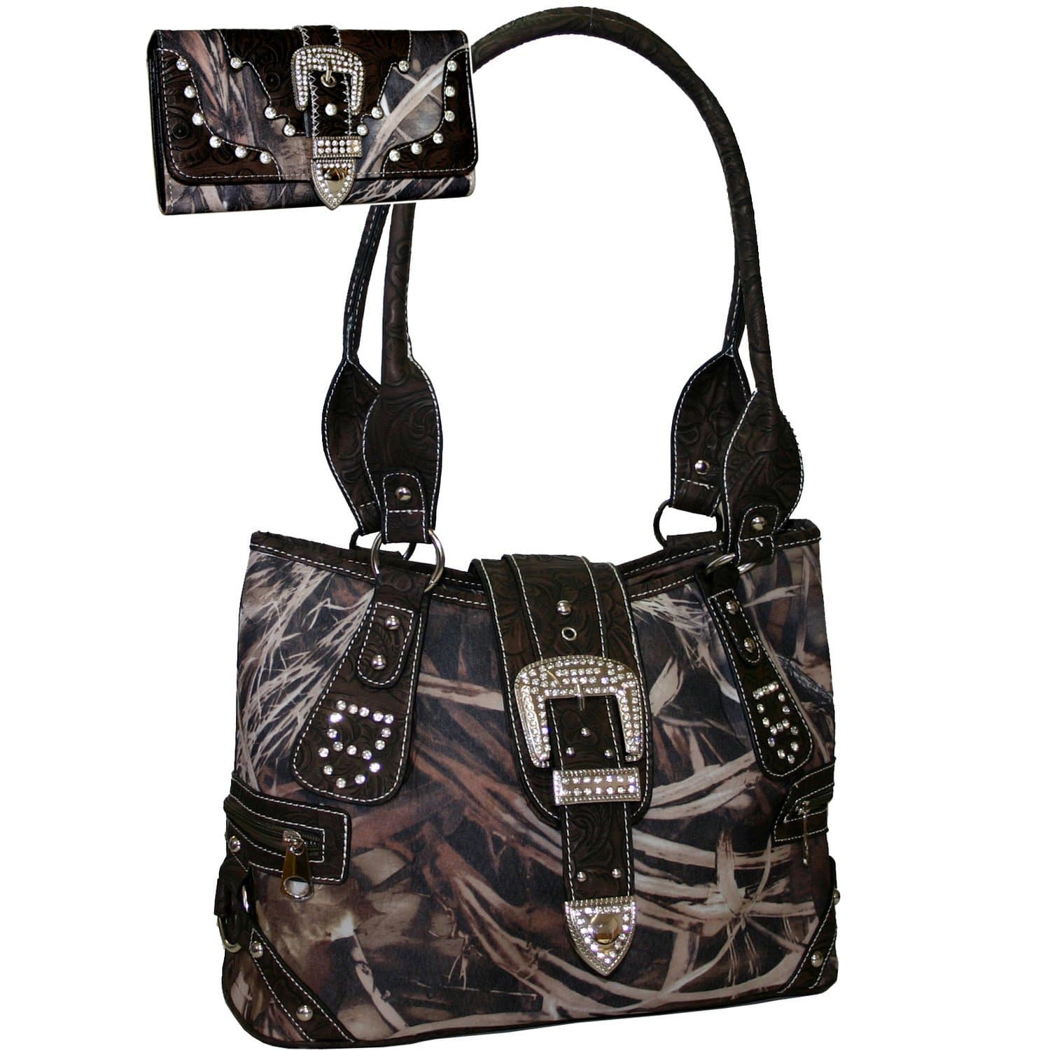 Western Camo Print Rhinestone Buckle Purse Handbag Matching Wallet