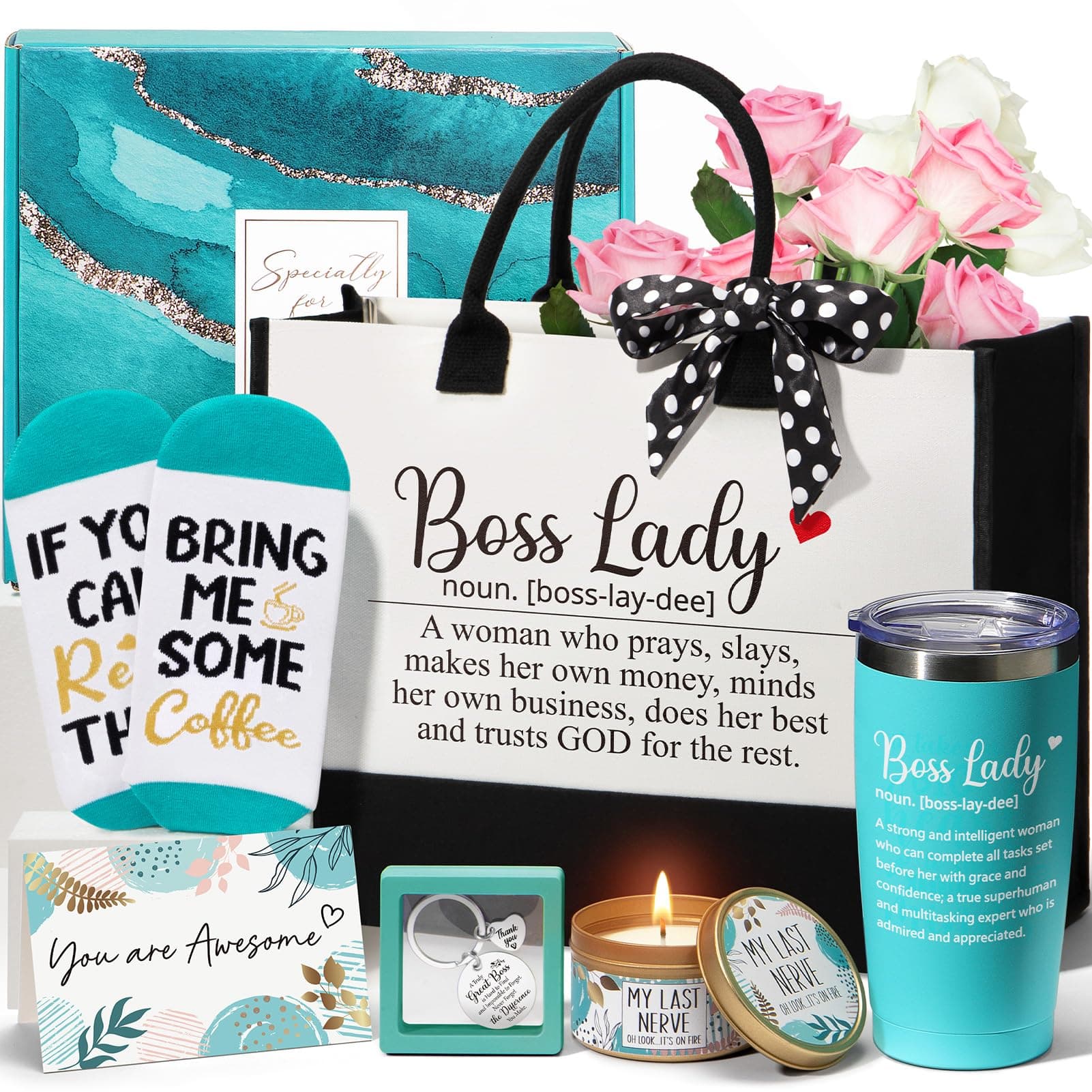 Boss Day Gifts for Her Women, Best Boss Lady Gifts for Women Cool Bosses Christmas Gift Basket for Female, Funny Thank You Bosses Lady Appreciation Birthday Farewell Gift Set with Canvas Tote Bag