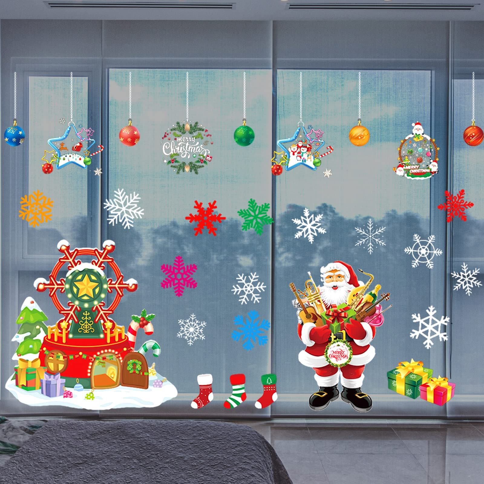 Christmas Window Clings Party Decorations, Winter Wonderland Christmas Window Decorations Static PVC Stickers Snowflake Santa Claus Candy Decals Holiday Xmas Party Supplies Home Office Party Decor