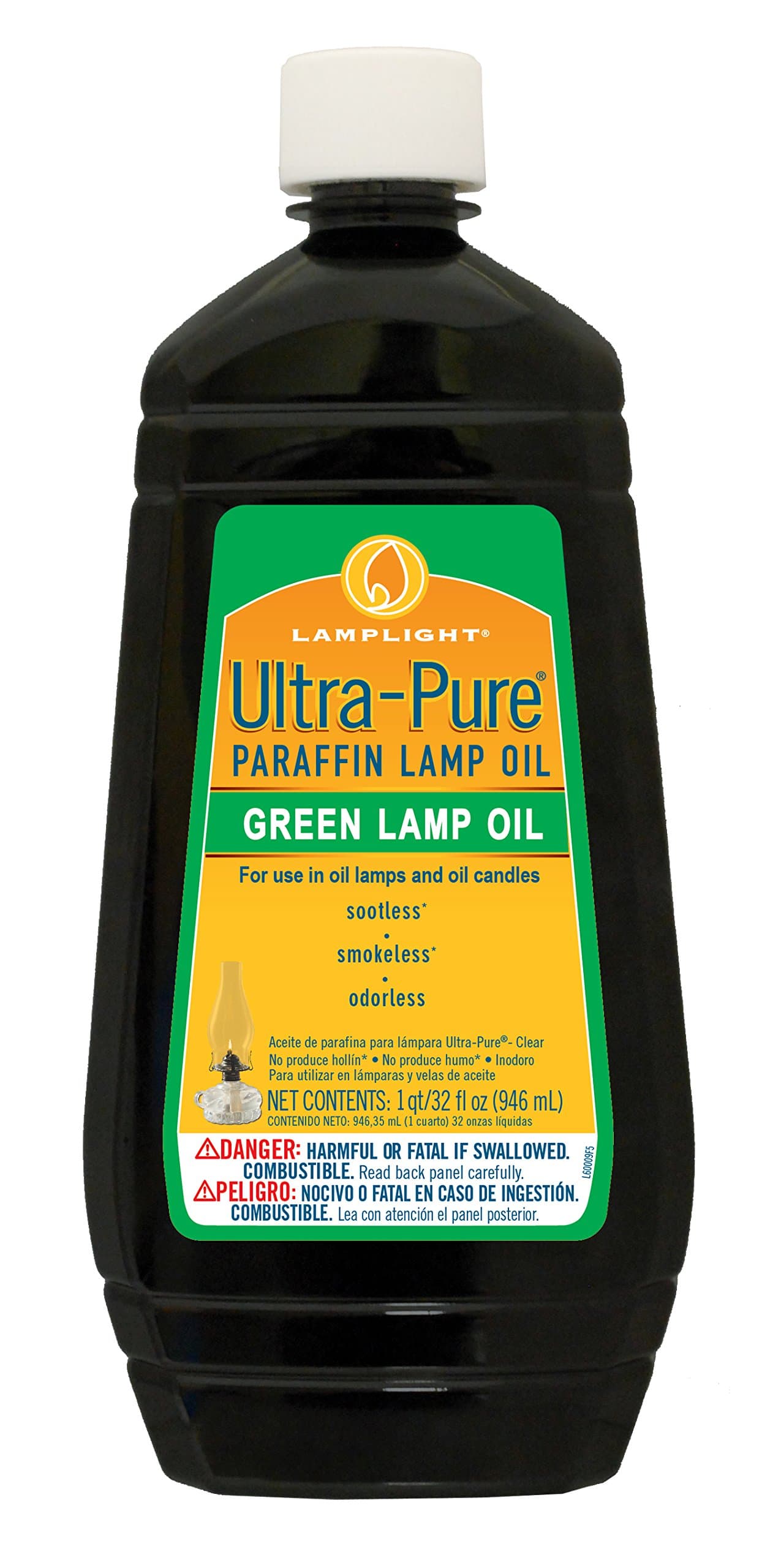¼ Gallon (32 oz) Ultra-Pure Lamp Oil Green - Liquid Paraffin Oil for Indoor use, sootless, smokeless and odorless, Emergency kit Green