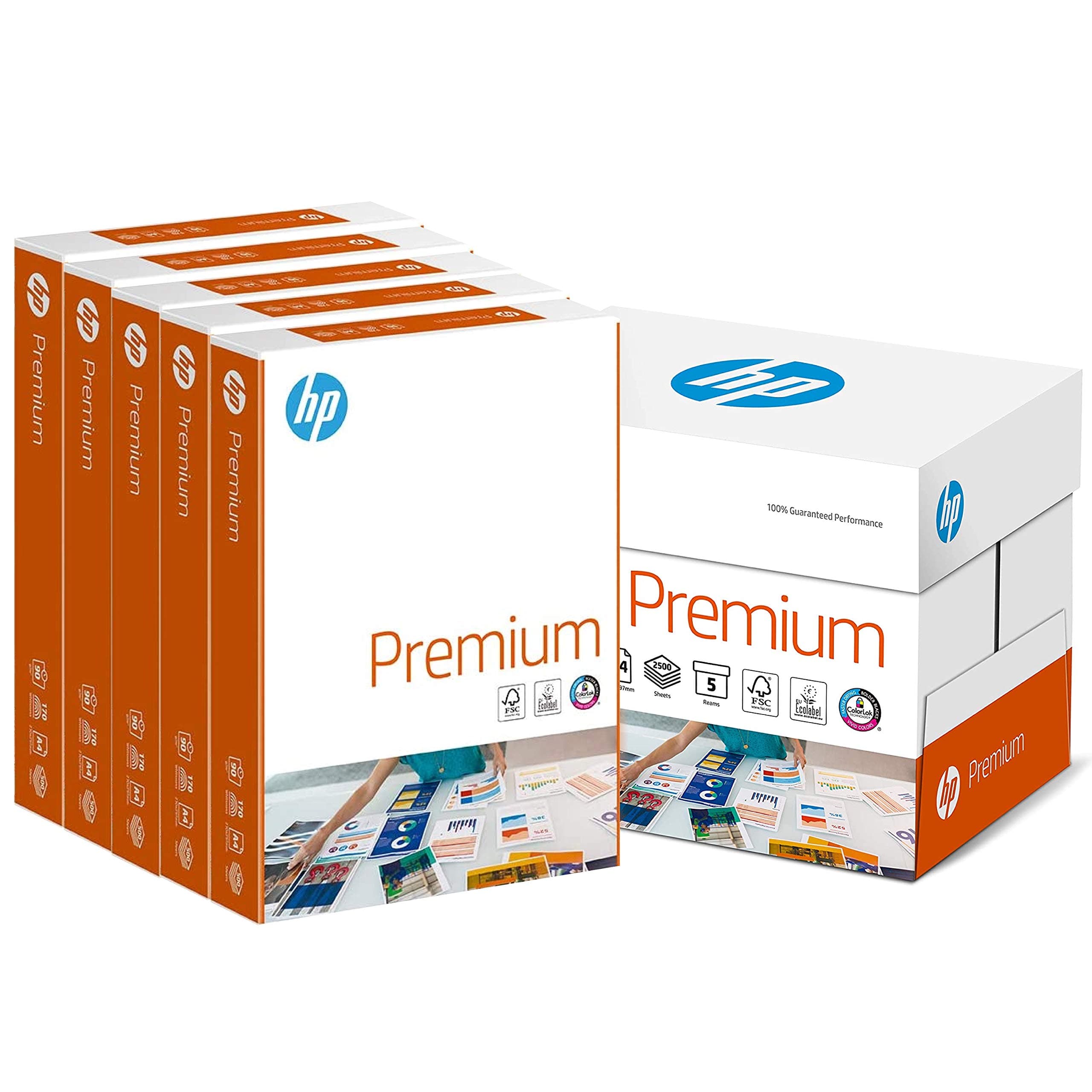 HP Printer Paper, Premium A4 Paper, 210x297mm, 90gsm, 5 Ream Carton, 2500 Sheets - FSC Certified Copy Paper
