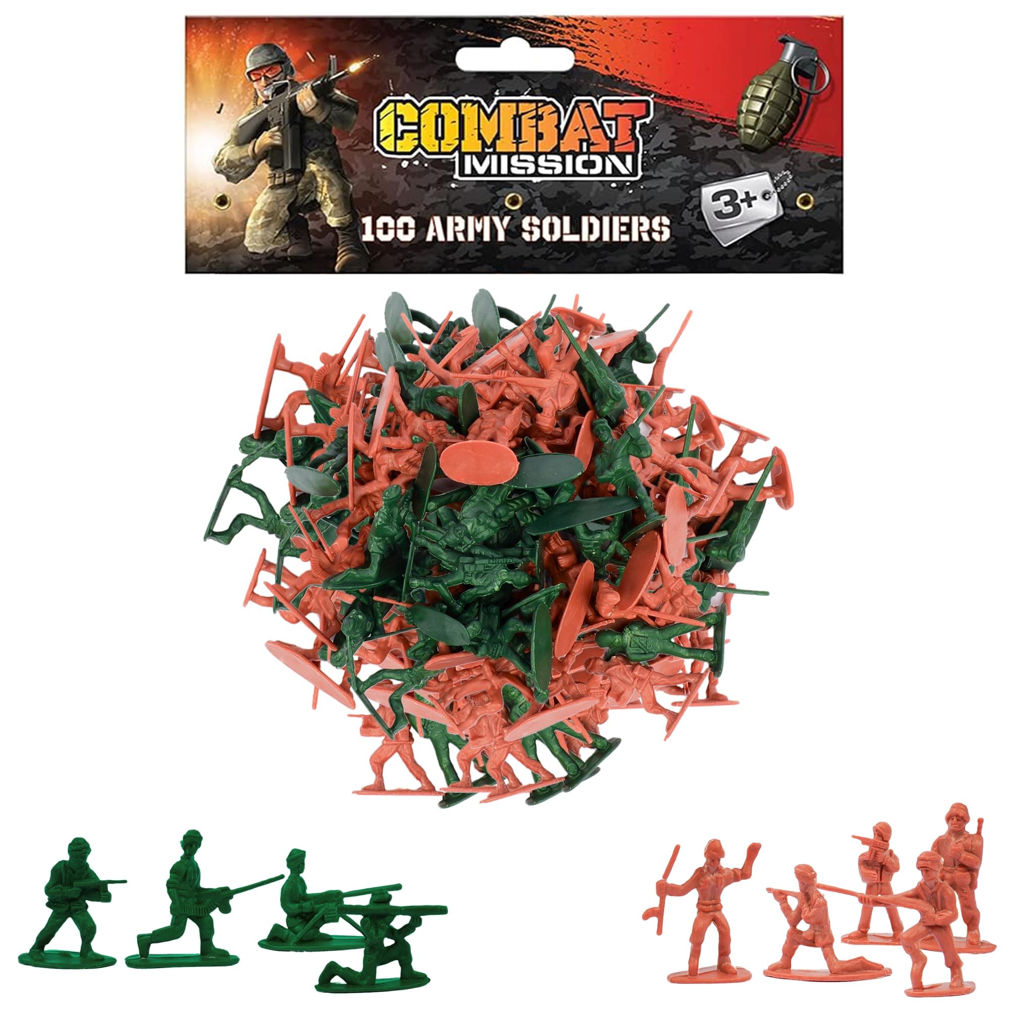 D.A.Y. Republic WWII Plastic Toy Soldiers – 100 Green & Brown Army Men Figures with Battlefield Accessories, 3.5cm, Age 3+, Kids Military War Game Action Set