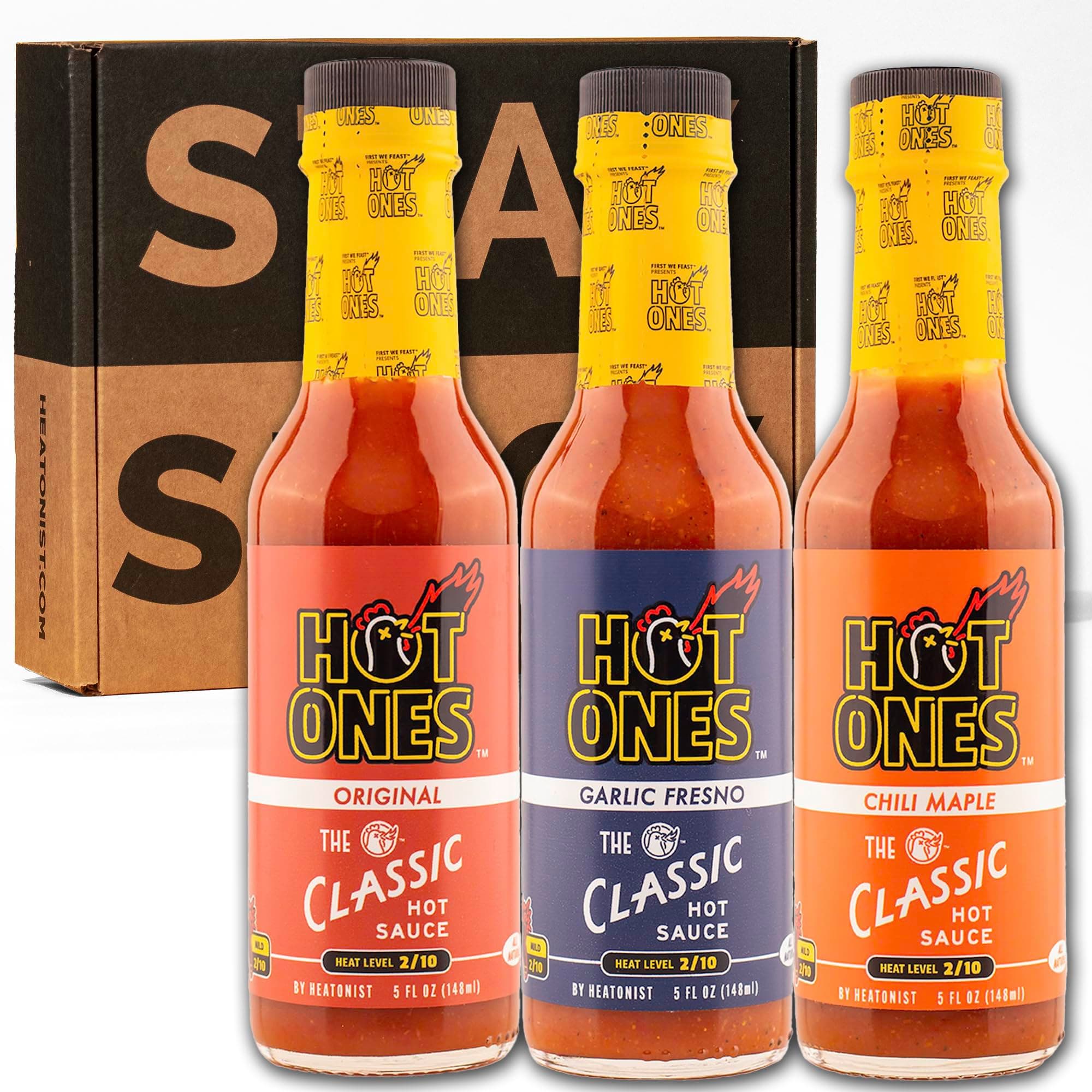 HOT ONES クラシックトリオ、クラシックオリジナル、ニンニク、アッシュ、チリ、チリメープルのホットソースバンドル、すべての天然成分、5液量オンスボトル(1パック)