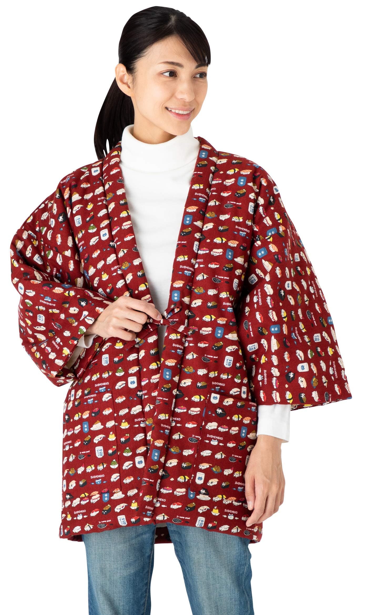 WATANOSATOCat Print Hanten (Cotton Jacket Made in Japan Kimono-Style) Japanese Clothes Size Ladies