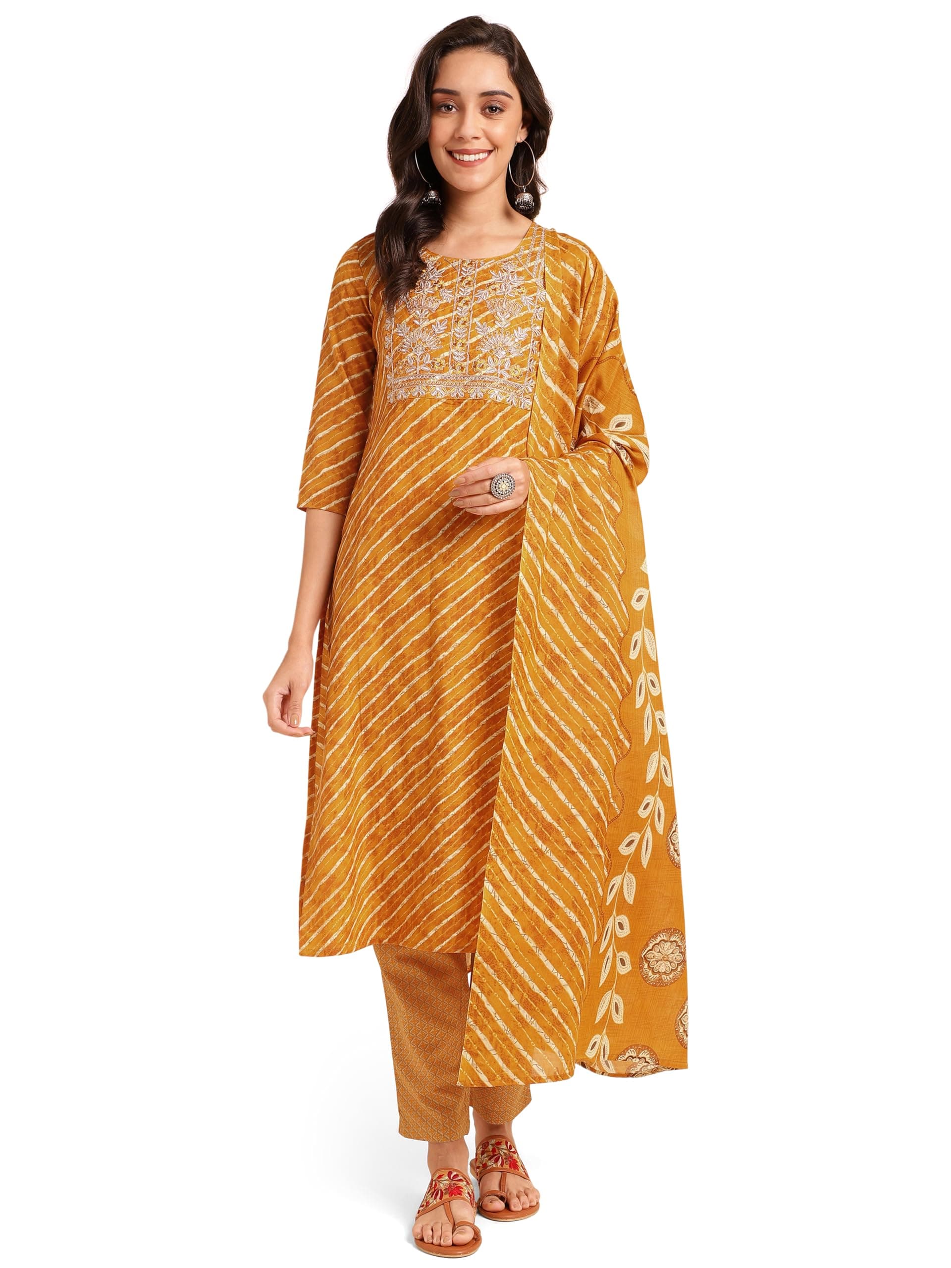 MIRCHI FASHION Women's Straight Fit Cotton Floral Printed and Embellished Kurta Set with Trouser Pant and Dupatta