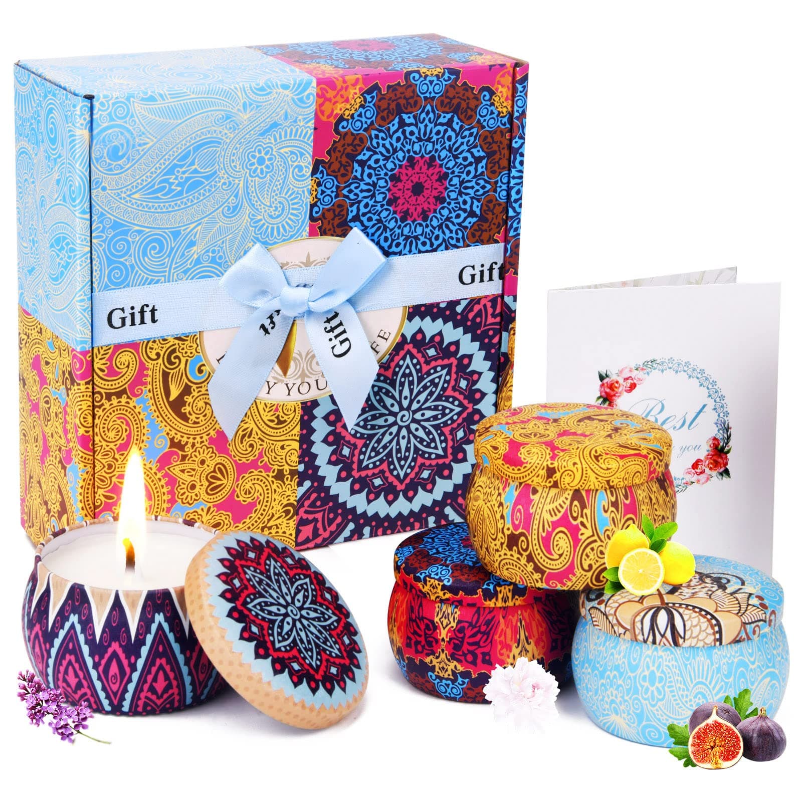 Scented Candles Gift Set Candles Gifts for Women 4 Cans Made of Natural Soy Wax Portable Travel Tin Candle Gifts for Aromatherapy Bath Yoga Mom Gifts