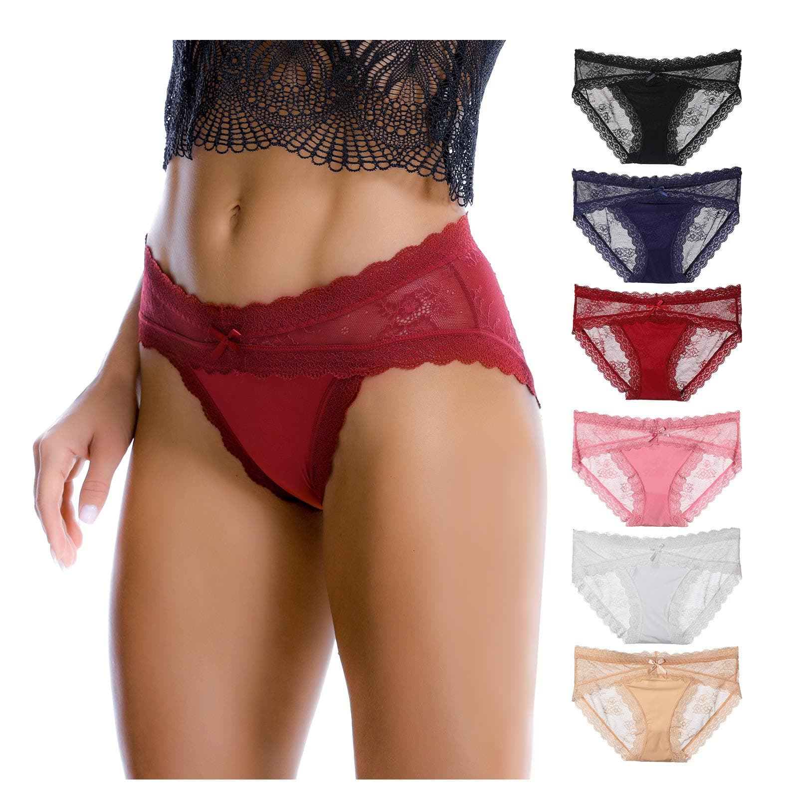 LevaoWomen Lace Underwear Sexy Breathable Hipster Panties Stretch Seamless Bikini Briefs 6 Pack