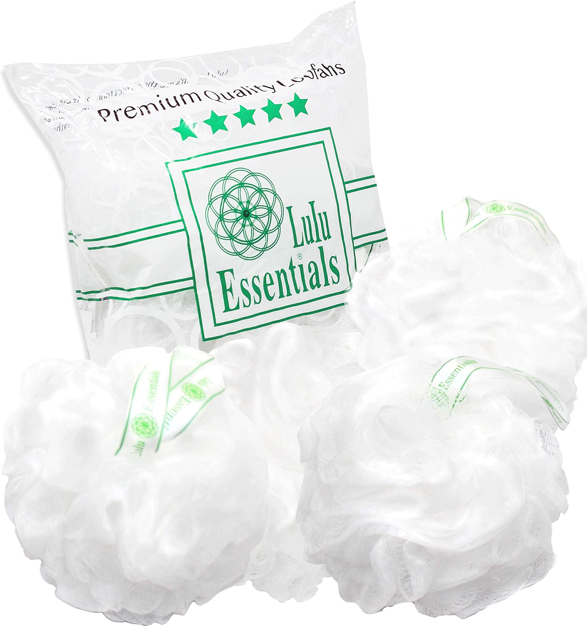 Lulu Essentials Premium Quality White Loofah (4 Pack) Bath and Shower Sponge, Mesh Pouf Body Loofa, Scrubber Puff (White)