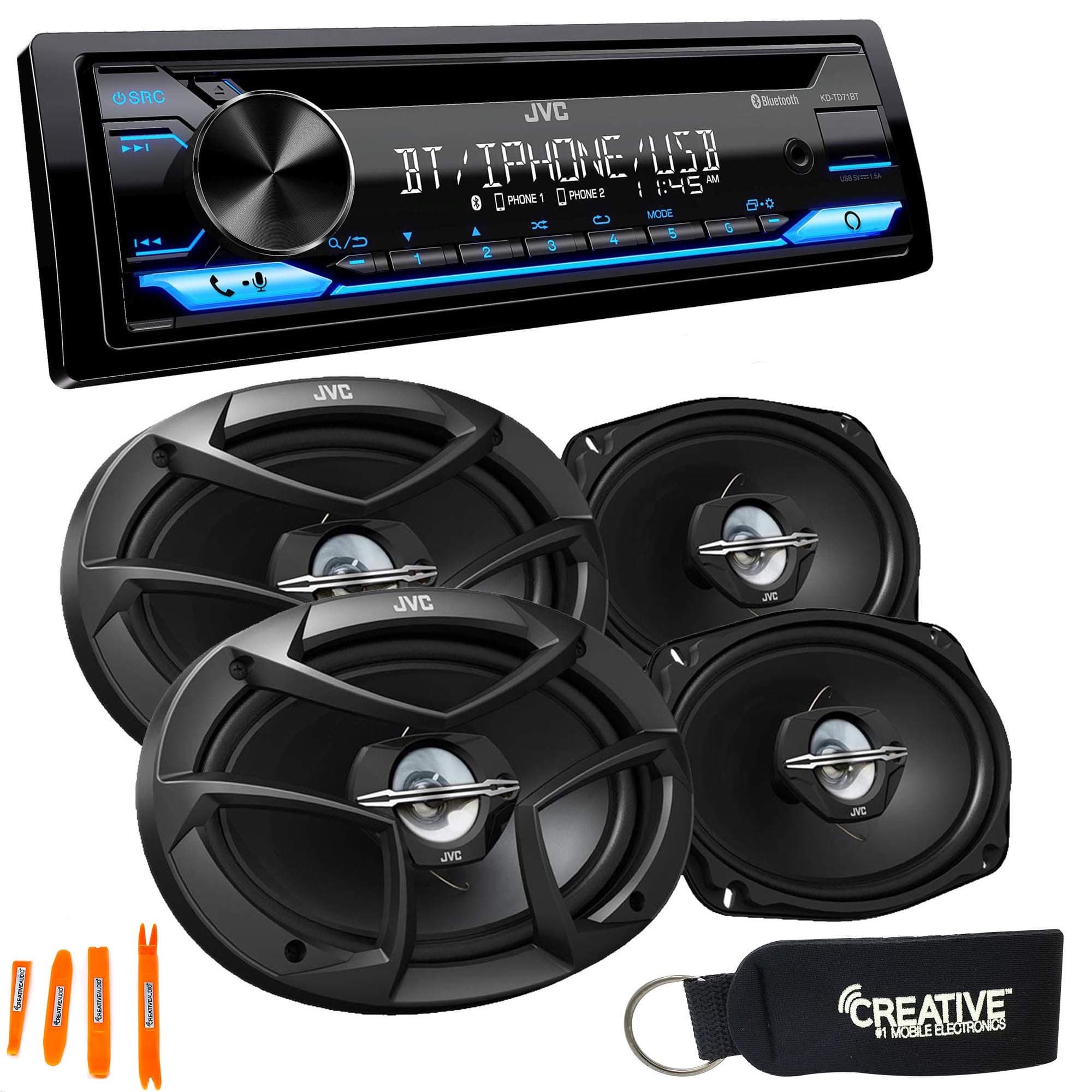 JVC KD-TD71BT - CD Receiver Featuring Bluetooth, Front USB, AUX, Amazon Alexa + Two Pairs of JVC 6x9 Speakers