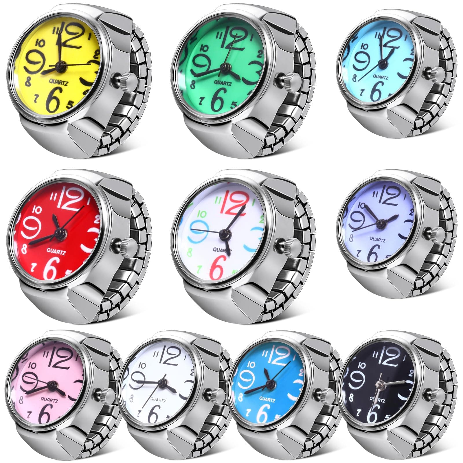 10 Pcs Finger Watches for Women Men Adjustable Clock Rings Bulk Creative Elastic Round Quartz Finger Watches