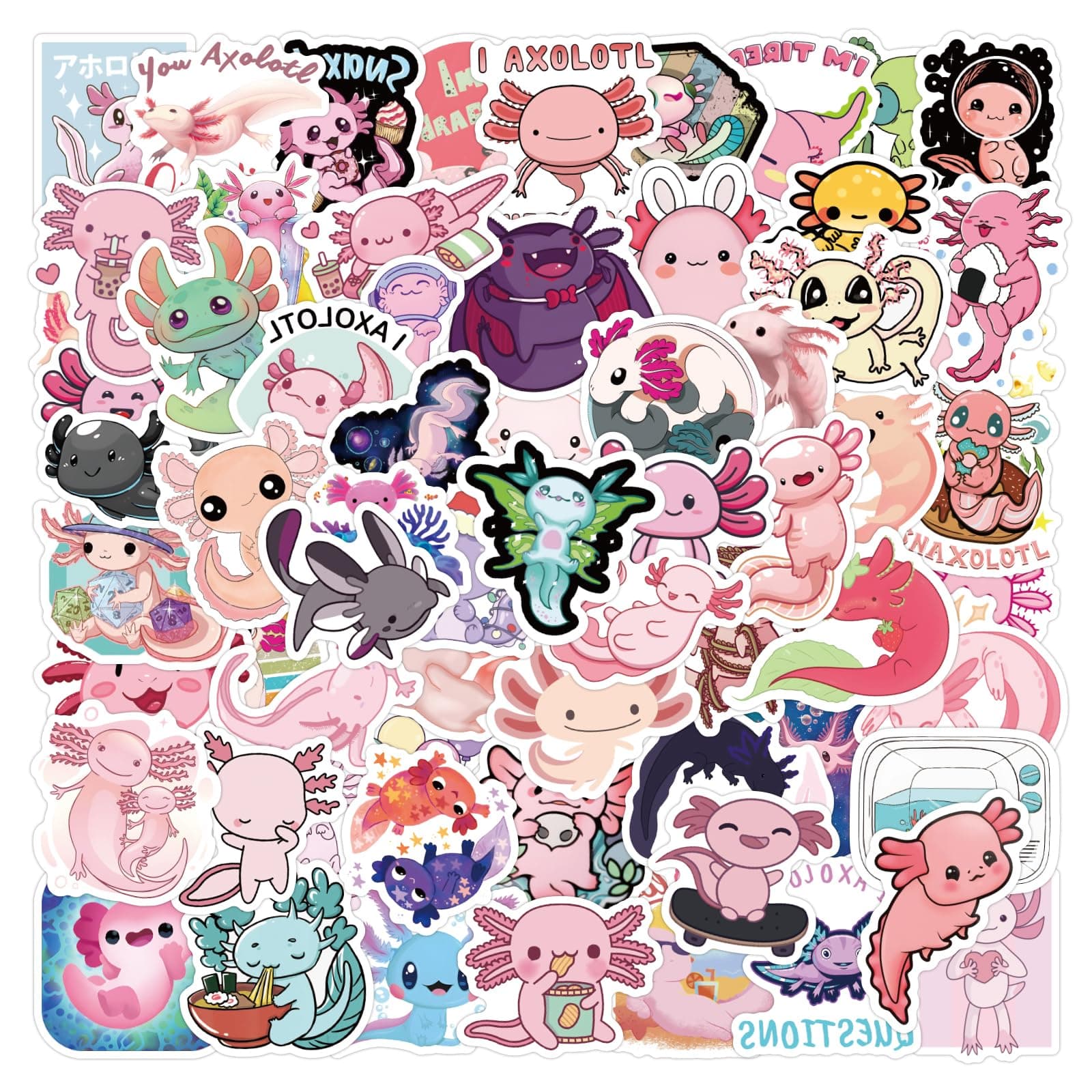 110 Pcs Pink Axolotl Stickers Pack for Kids Teens, Cute Axolotl Waterproof Vinyl Stickers and Decals for Water Bottles Luggage Computer Skateboard Laptop Phone Guitar