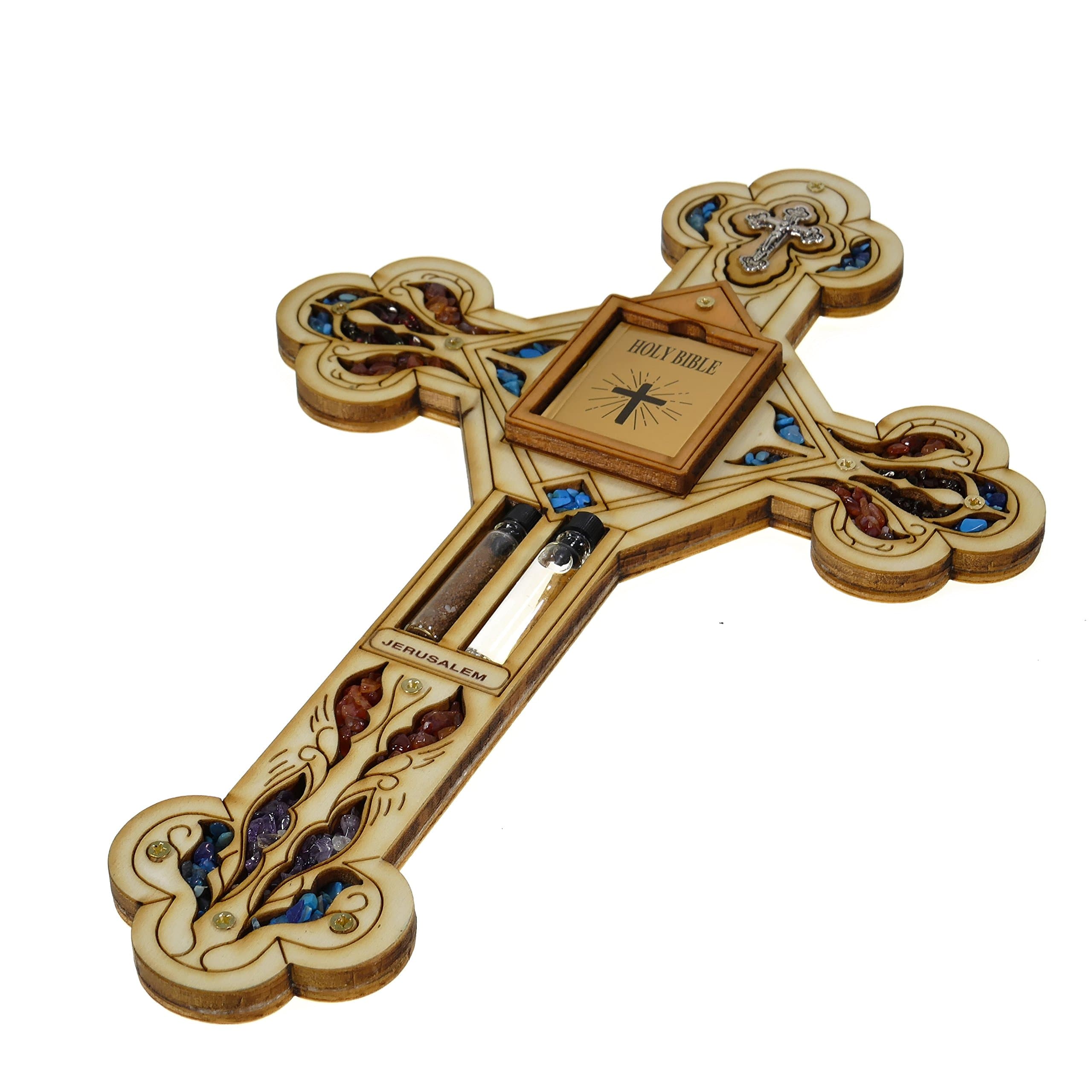 Matiel 11.4" Holy Water and Soil Home Wood Cross Crucifix Unique Simulated Gemstones Wall Decor & Holy Bible Handmade Keepsake