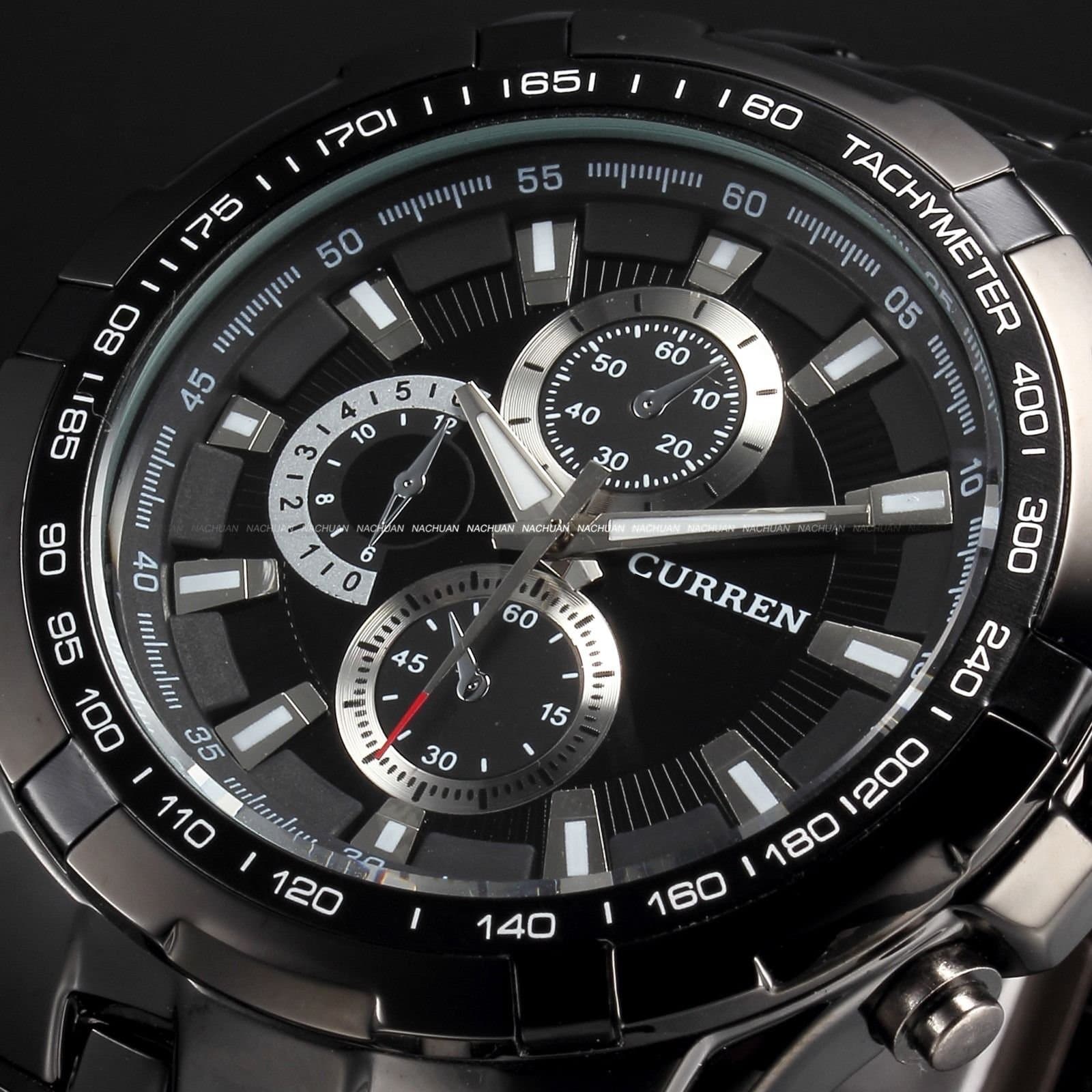 Fashion Stainless Steel Band Luxury Sport Analog Quartz Clock Mens Black Color Wrist Watch