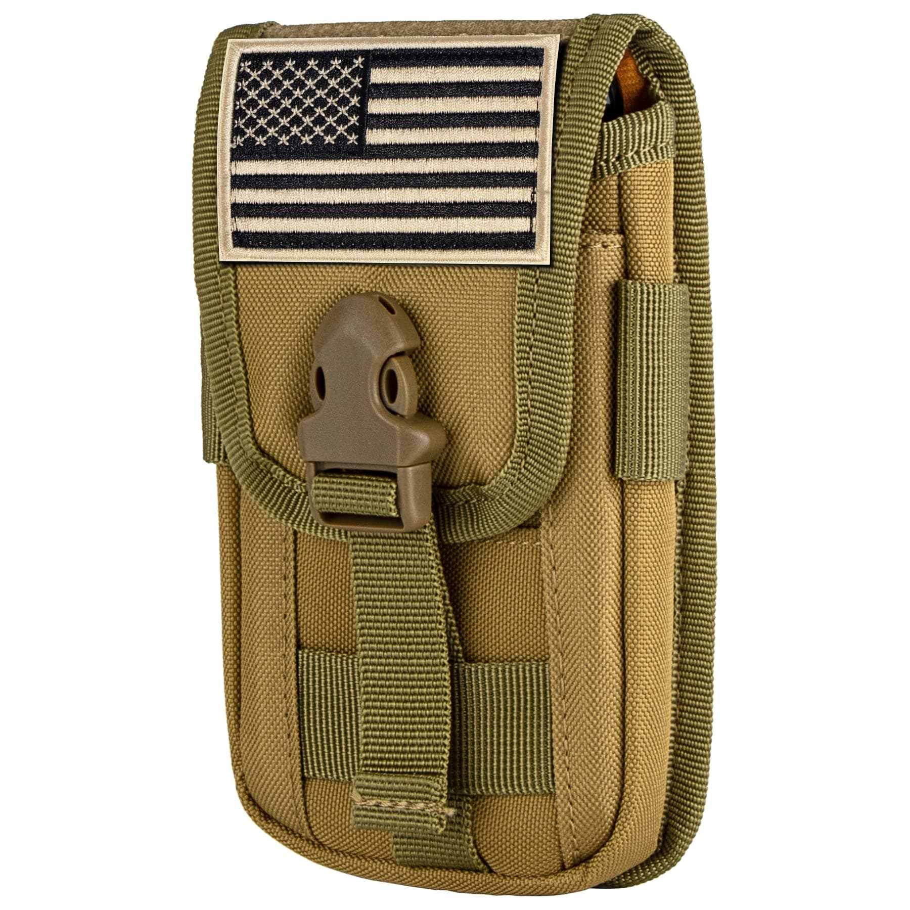Tactical Phone Holster Pouch, Smartphone Pouch Phone Case Molle Gadget Bag Molle Attachment Belt Holder Waist Bag for 4.7"-6.9" with US Flag Patch for iPhone 17 Pro/16 Pro/15 Pro