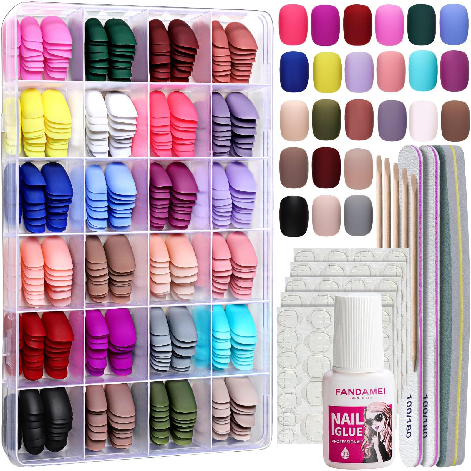 FANDAMEIShort Press on Nails, 24 Packs 576PCS Short Round Press on Nails Matte, Acrylic Small Fake Nails Full Cover, Matte Glue on Nails with 7g Nail Glue, 24 Color False Nail for Small Nails