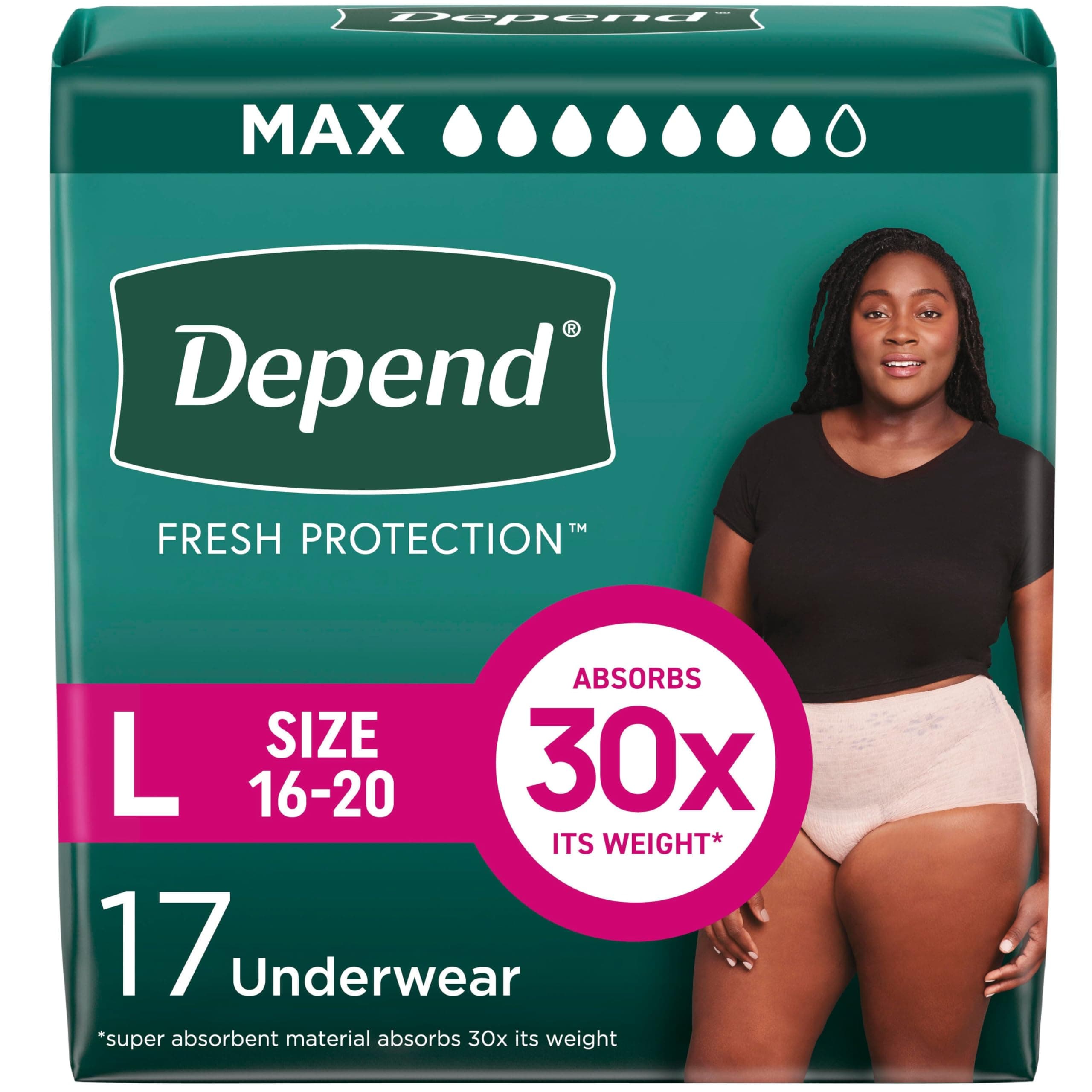 Fresh Protection Adult Diapers, Incontinence & Postpartum Bladder Leak Underwear for Women, Disposable, Maximum, Large, Blush, 17 Count, Packaging May Vary