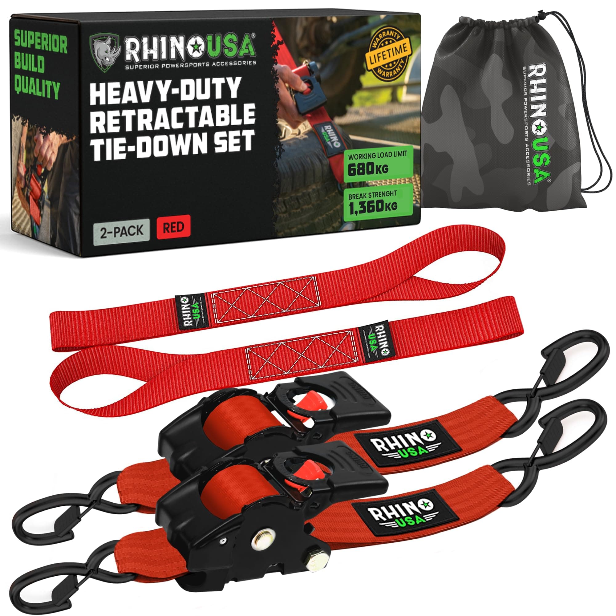 Rhino USA Retractable Ratchet Straps (2-Pack) - 5cm x 3m (1,360kg Break Strength) - Heavy Duty Auto Self-Retracting Tie Down Straps for Truck, Cargo Trailer, Motorcycle, Bike & More - Red