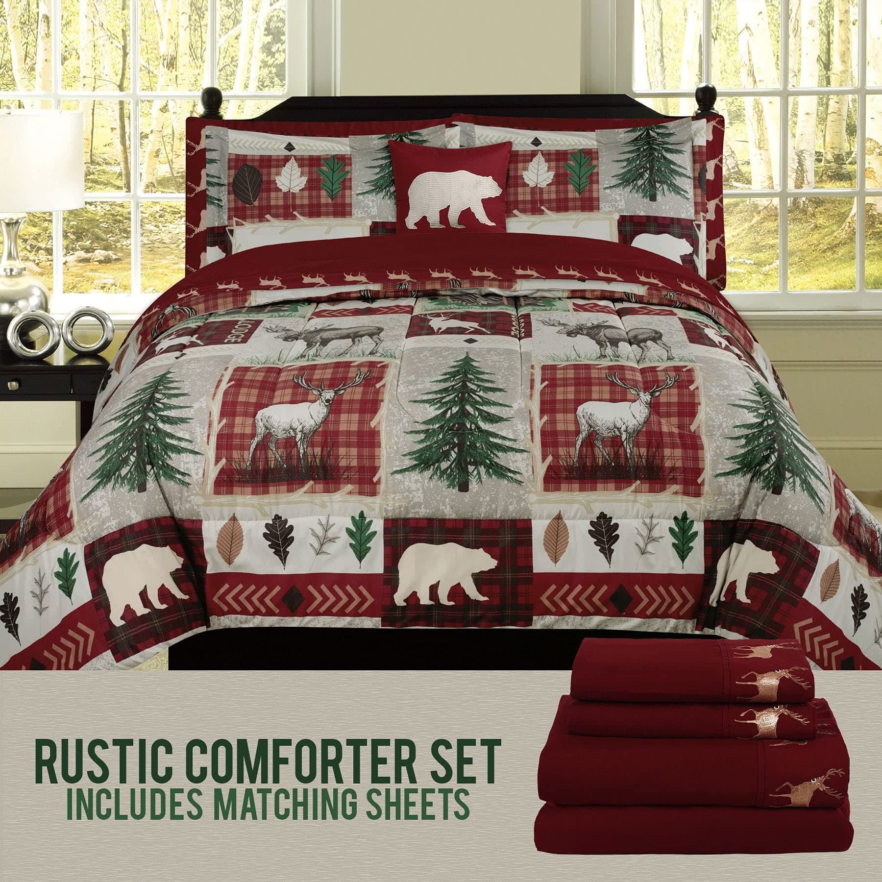Bear Lodge Elk Rustic King Comforter 8 Piece Bedding and Deer Sheet Set Cabin Hunting Bed in a Bag