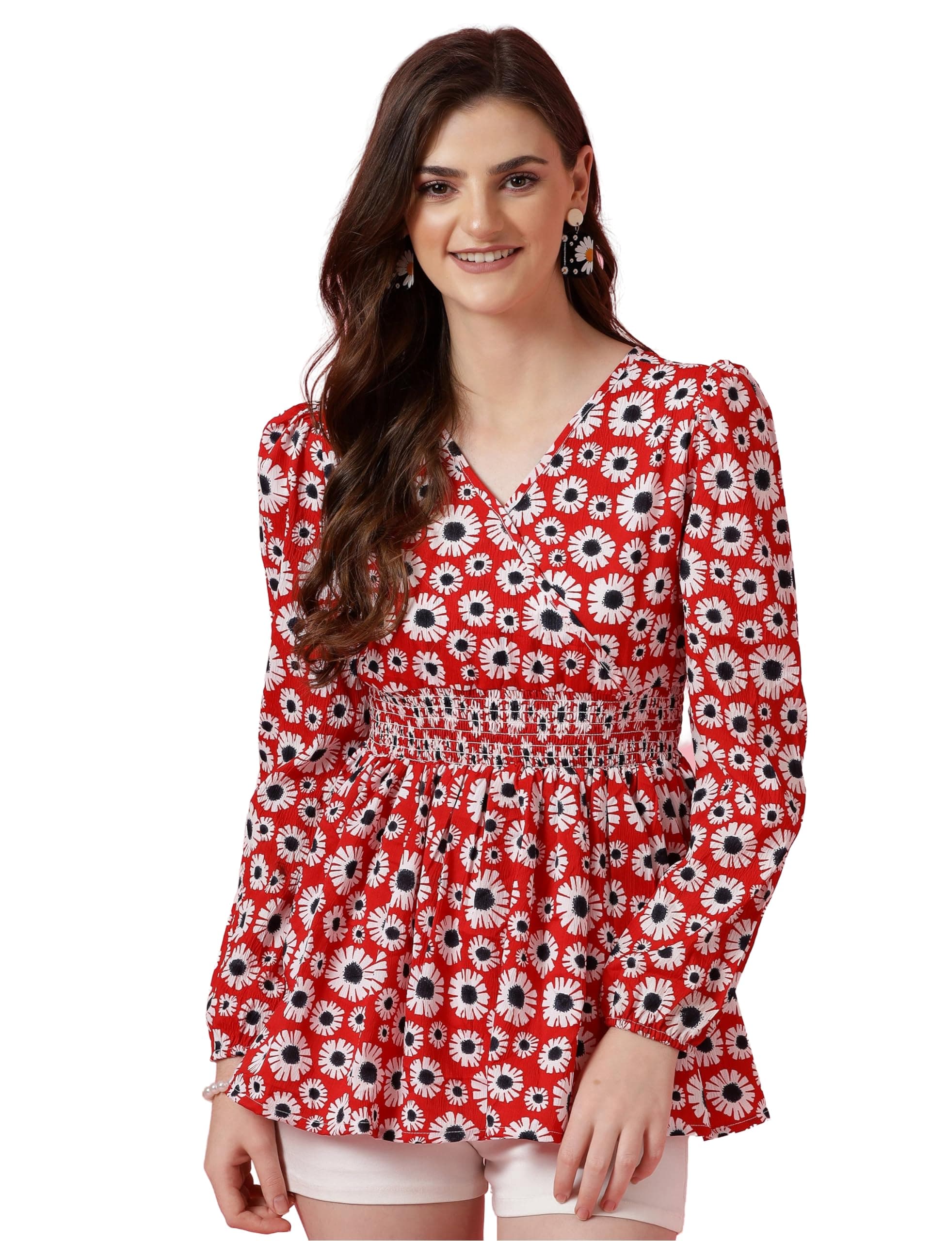 Sheetal Associates Women's Crepe Puff Sleeves Peplum Top with Floral Printed Regular Fit Full Sleeve and V-Neck Maxi Length