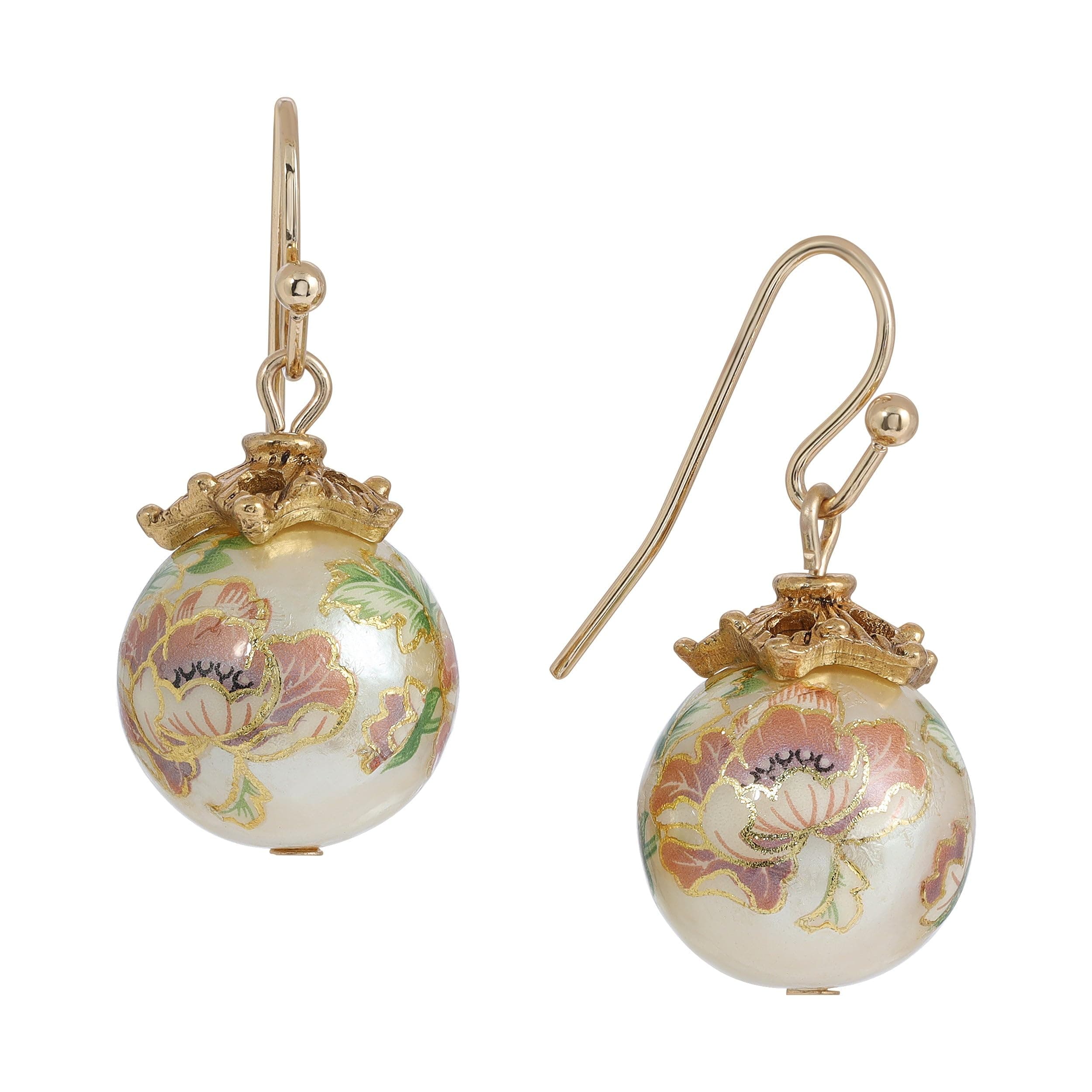 1928 Jewelry Women's 14K Gold Dipped Floral Faux Pearl Decal Wire Drop Earrings