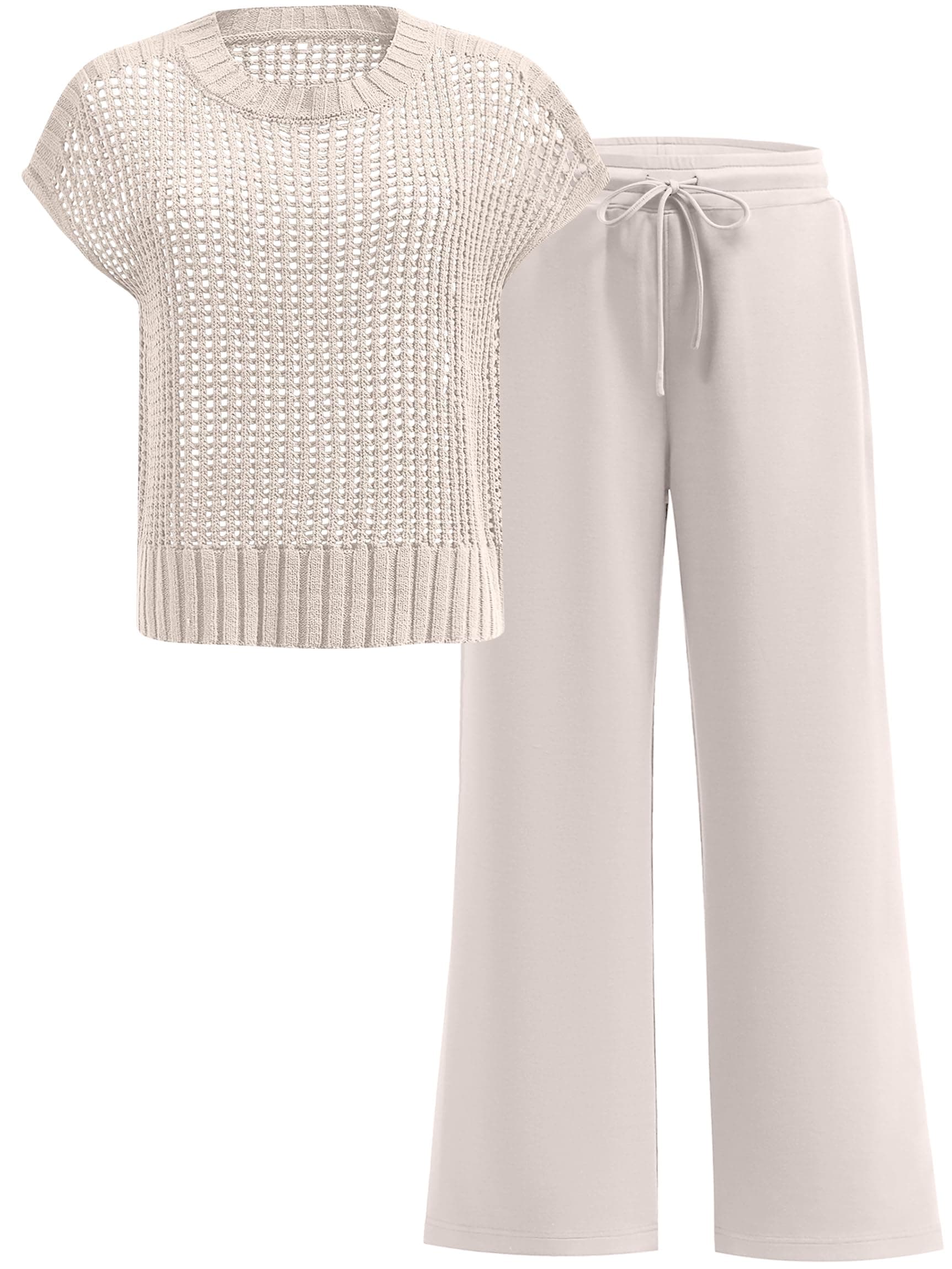 Women Two Piece Outfits Crochet Sheer Knit Sweater Top Wide Leg Pants Lounge Matching Sets Sweatsuit Travel Clothes