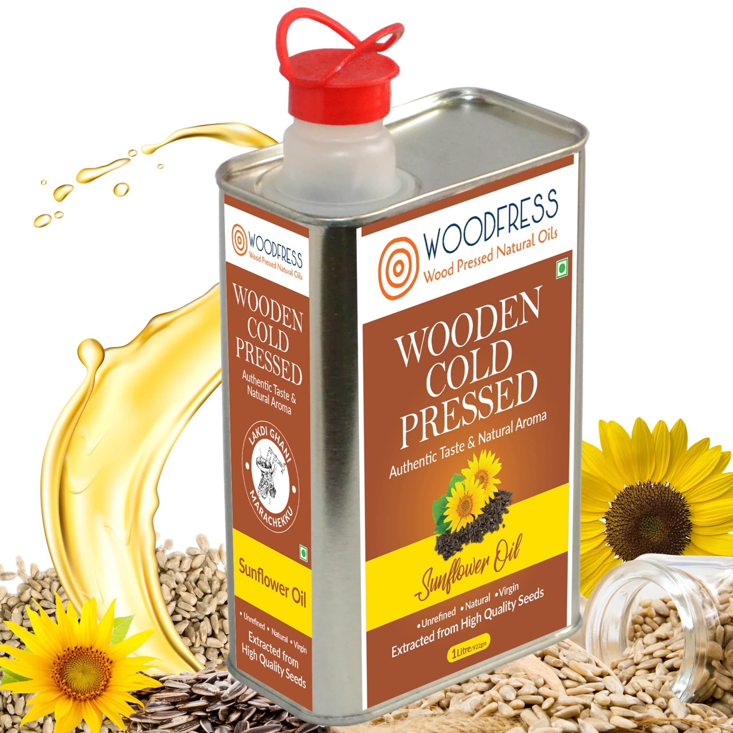 WOODFRESS Pure Wood Pressed Cold Pressed Sunflower Oil| Unrefined, Chemical-Free, Natural Cooking Oil | Extracted From 4Kg Sunflower Seeds | Nutrient-Rich Edible Oil for Cooking | 1L