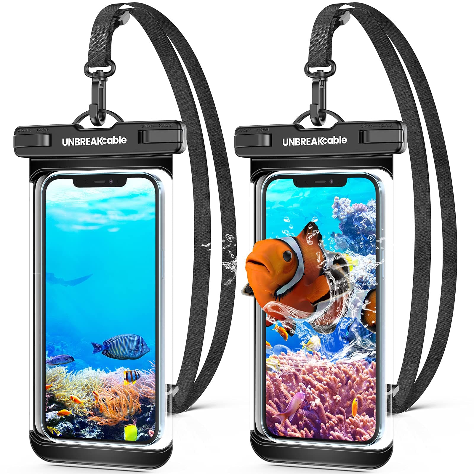UNBREAKcable Waterproof Underwater Mobile Phone Case (Upgraded), 2-Pack, IPX8, Swimming, Other Water Activities, iPhone 14 13 12 Mini 11 Pro Pro Max X XR XS SE 8 7 Plus, Android Up To 7.0″ (Black)