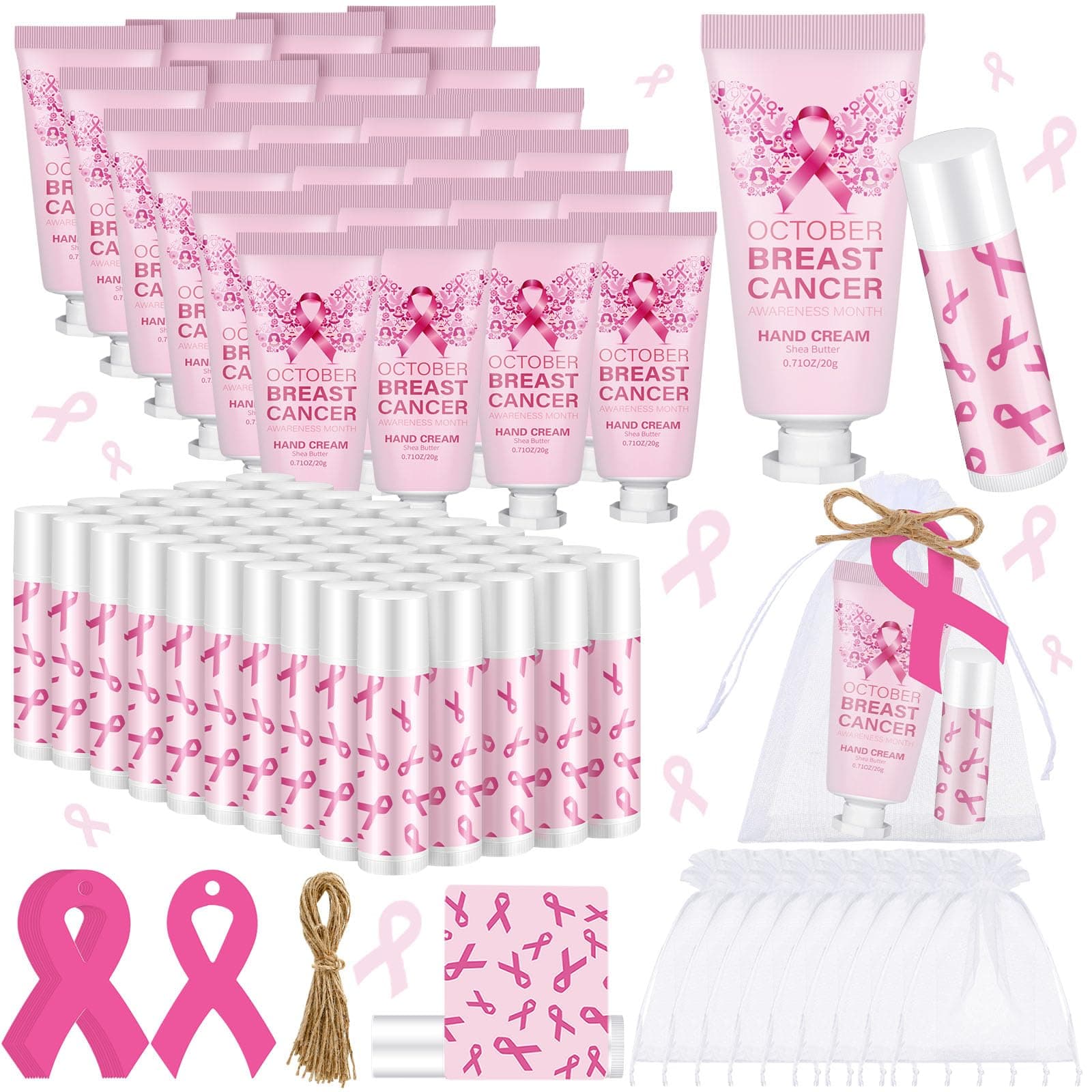 50 Set Breast Cancer Awareness Gifts Bulk Woman Pink Ribbon Lip Balm Hand Cream Include 50 Lip Balm 50 Hand Cream 50 Bag 50 Tag Breast Cancer Awareness Month Items Survivors Offices