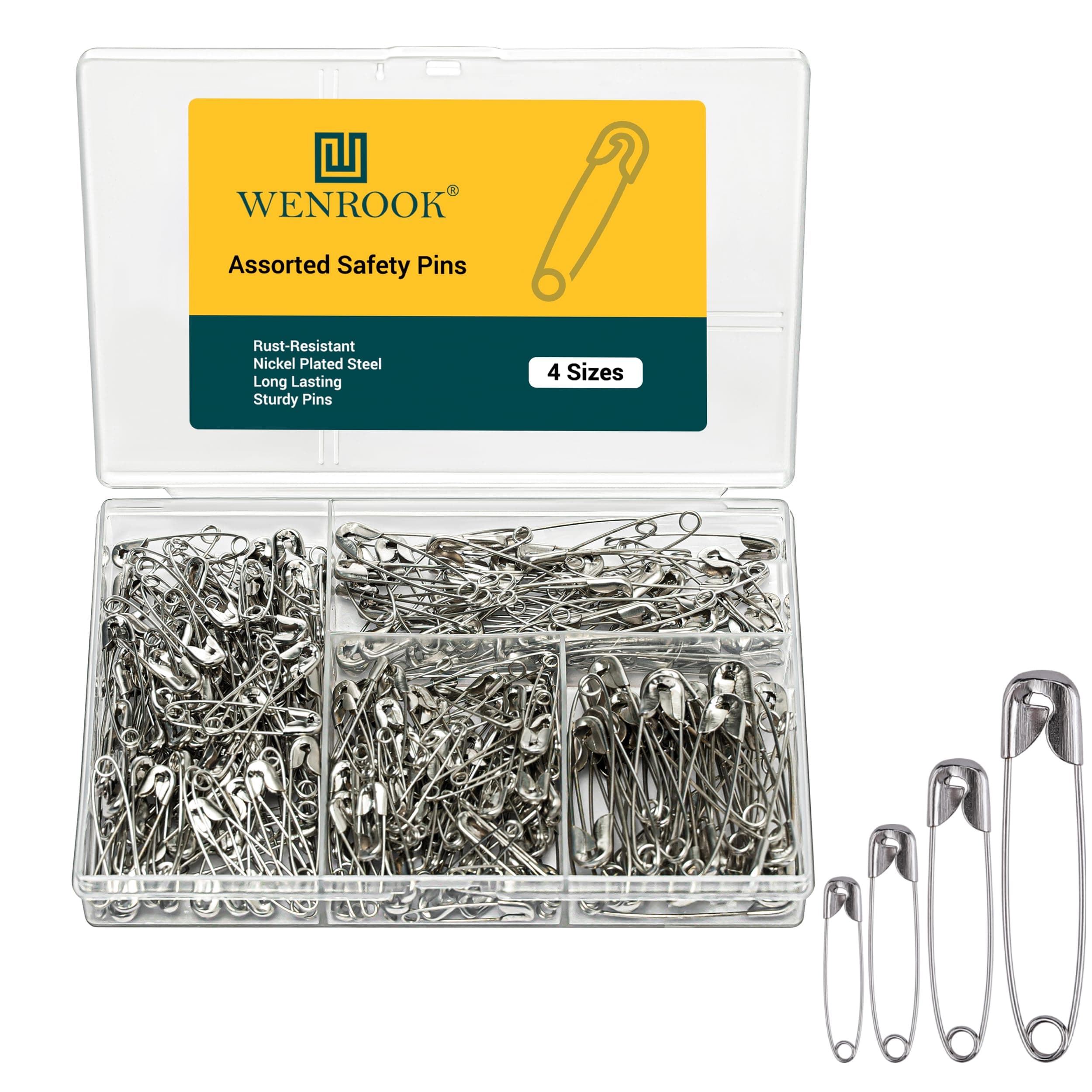 300 Pack Safety Pins Assorted, 4 Different Sizes, Strong Nickel Plated Steel, Safety Pins for Clothes, Crafts, Pinning and More