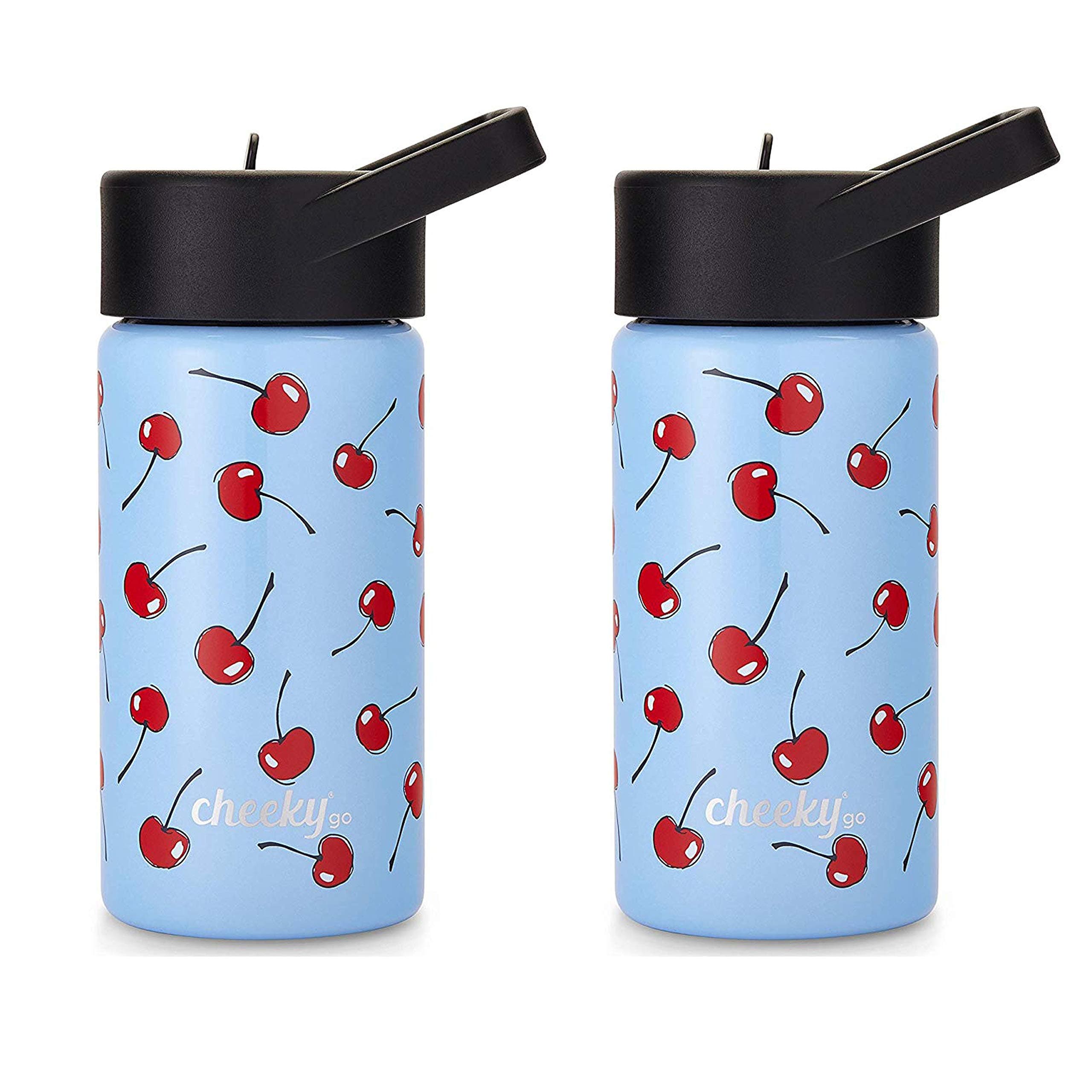 Cheeky Kids Go 14oz Insulated Stainless Steel Water Bottle with Straw Lid - Light Blue Cherry Print (2 Packs)