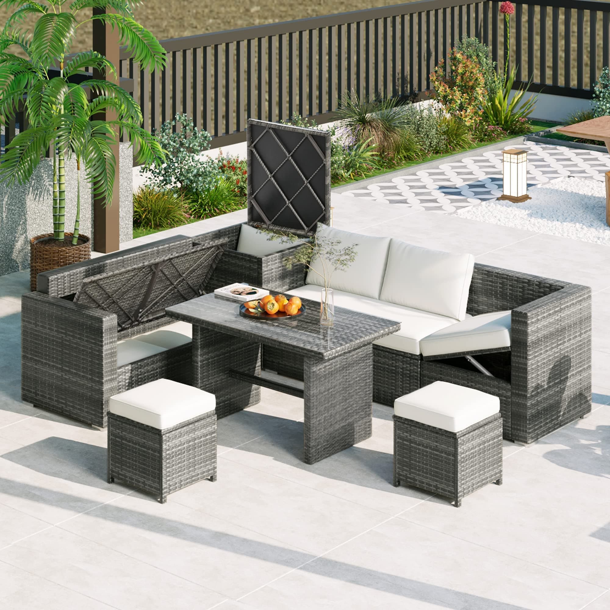 Outdoor Furniture Patio Conversation Set 6-Piece, All Weather PE Rattan Wicker Sectional Sofa with Tempered Glass Top Dining Table, Adjustable Seat, Storage Box and Removable Covers, Beige