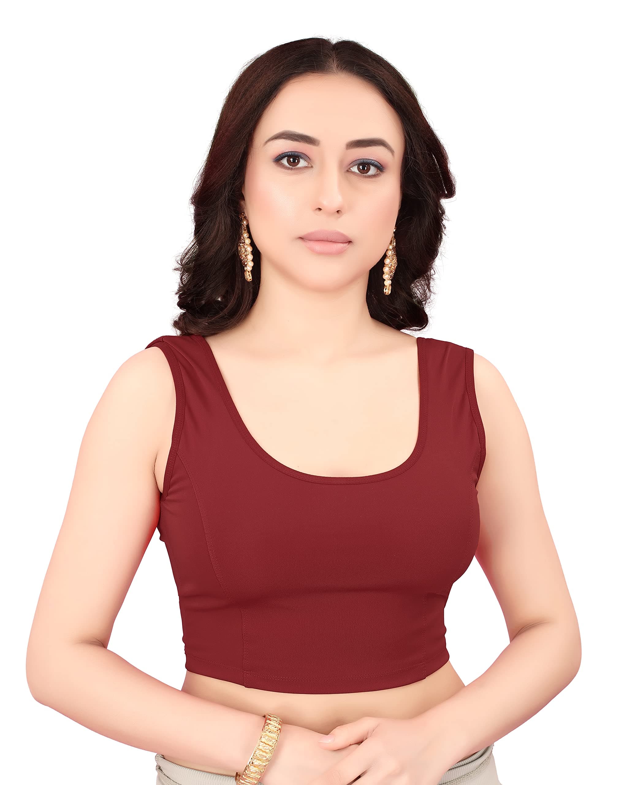 SERONA FABRICSRound Neck Cotton Lycra Blend Stretchable Readymade Sleeveless Saree Blouse