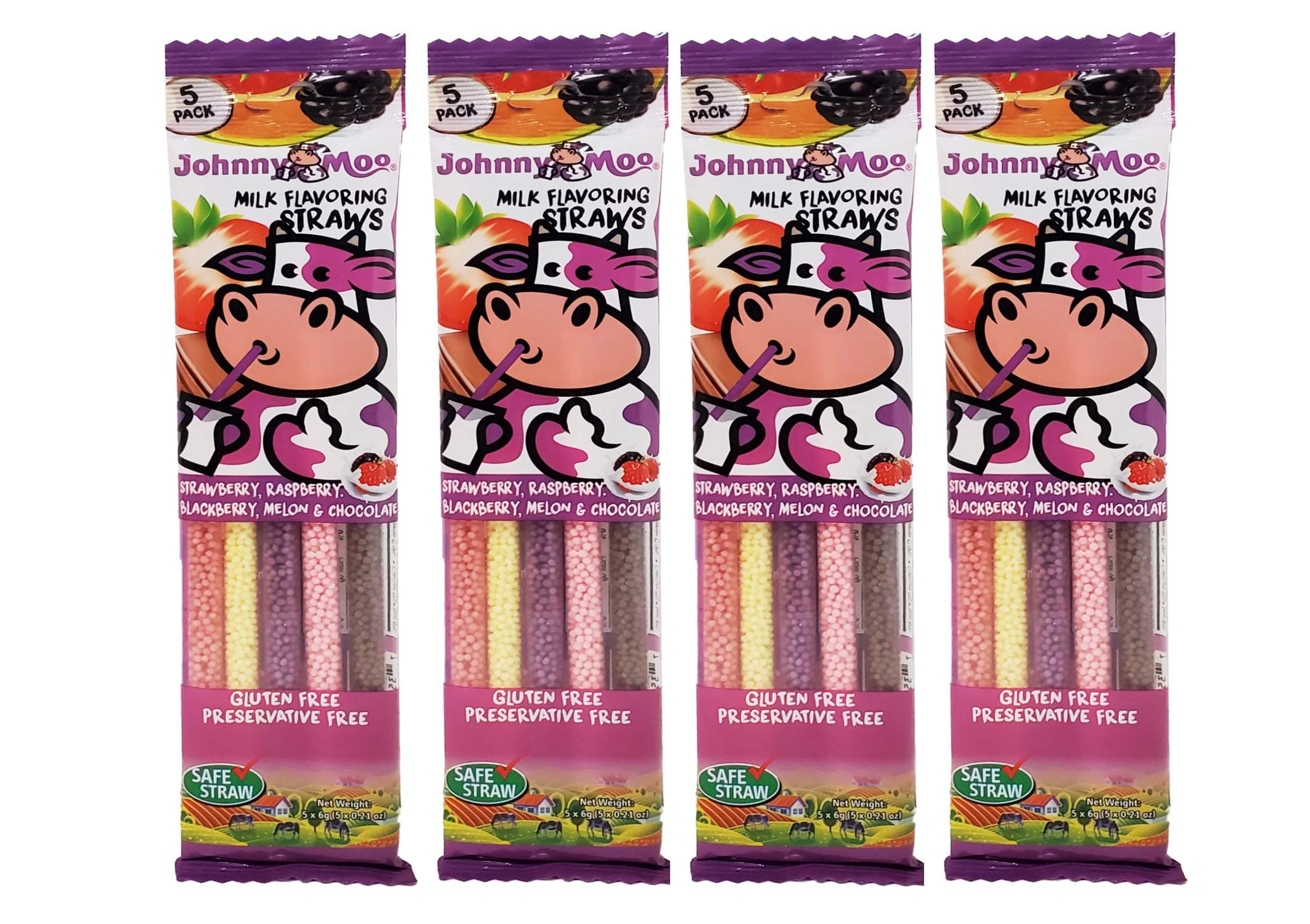 Johnny Moo Milk Flavoring Straws Berry Platter Variety Pack - Strawberry, Raspberry, Blackberry, Melon, and Chocolate [4 packs of 5] 20 Straws