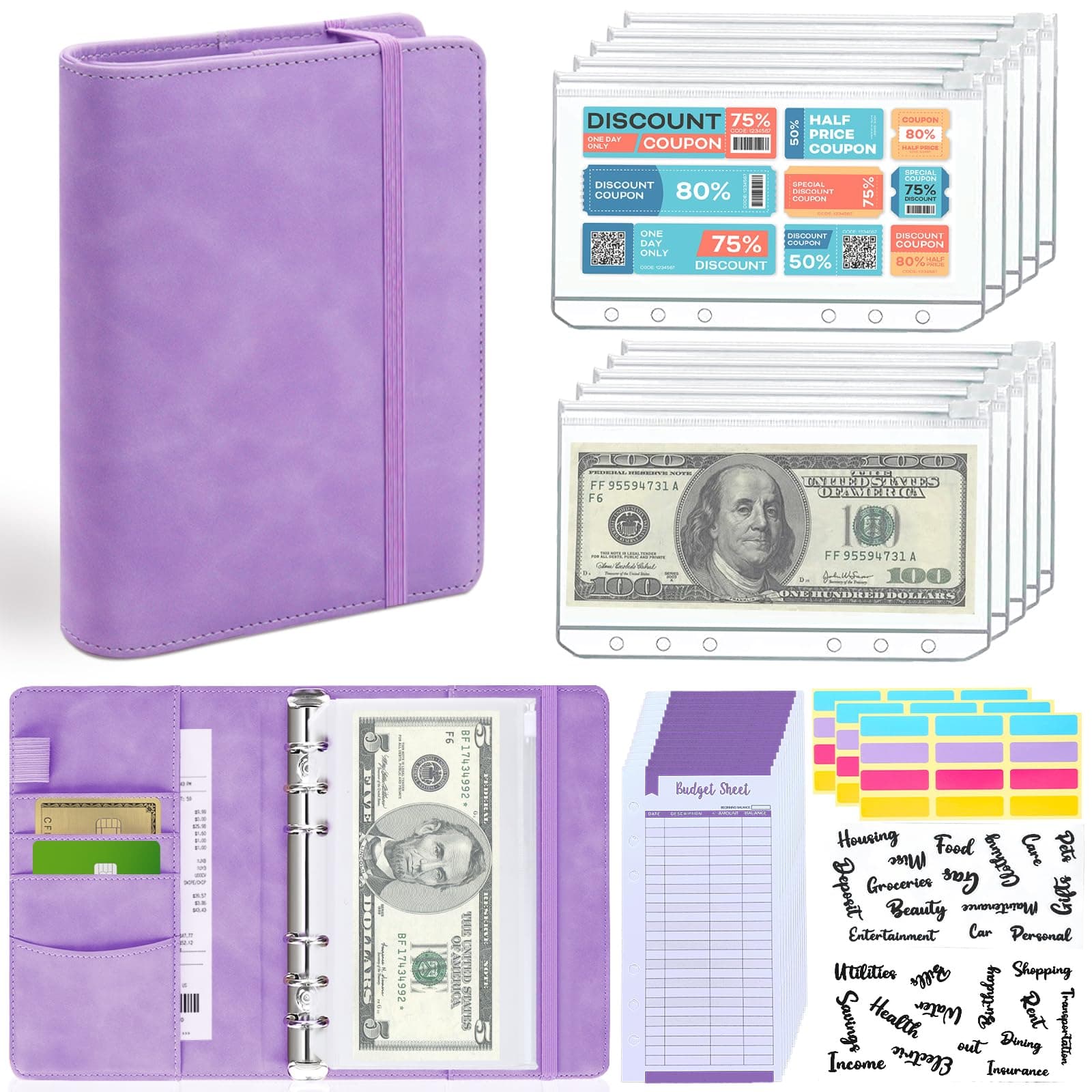 Budget Binder with Zipper Envelopes, Budget Book with Cash Envelopes, Premium Pu Leather A6 Binder with Expense Budget Sheets and Stickers, Savings Binder for Budgeting (Violet)