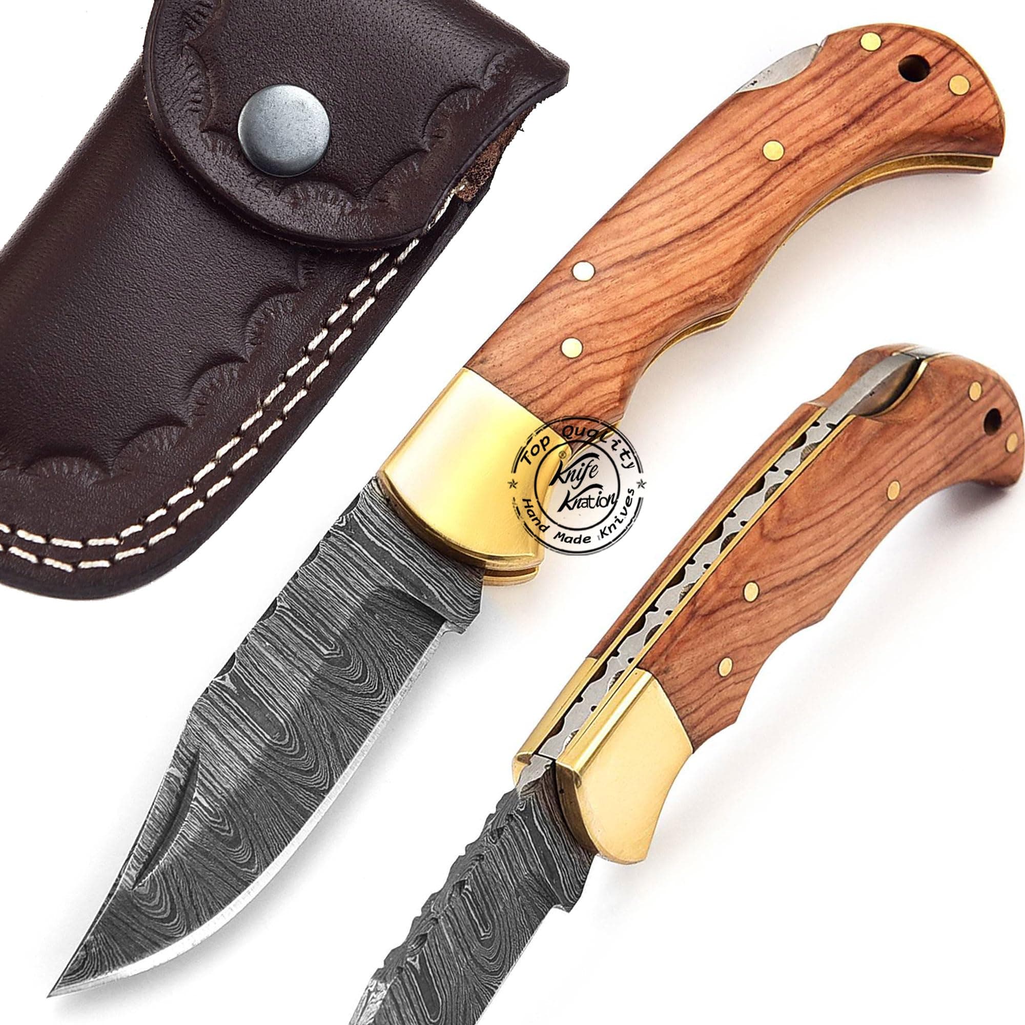 Olive Wood 6.5'' Handmade Damascus Steel Folding Pocket Knife, Hunting Knife, Outdoor Survival Hunting Accessories, Gifts for Men, Boyfriend, Dad, Father’s Day Gift, 100% Prime Quality
