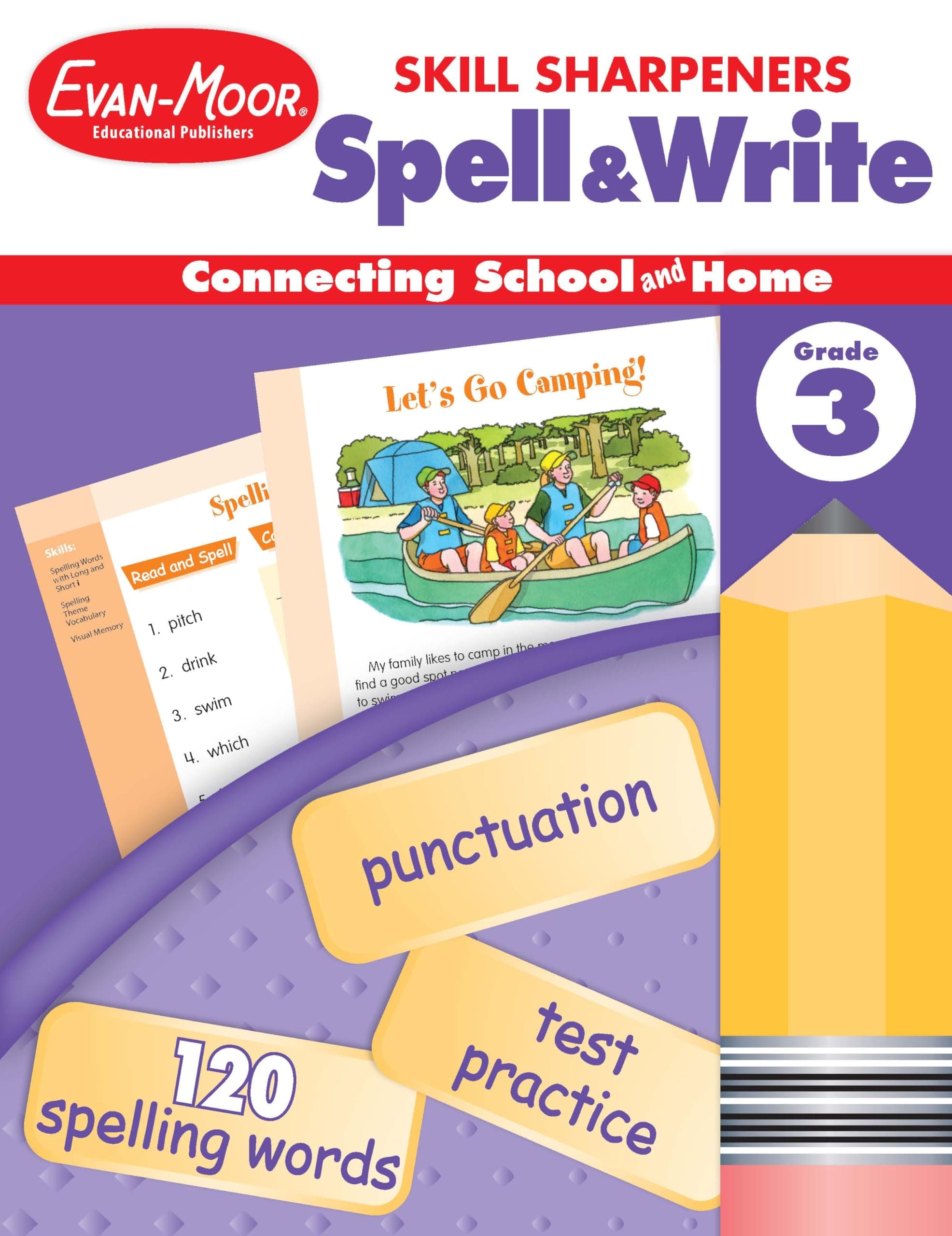 Evan-Moor Skill Sharpeners Spell and Write Workbook, Grade 3, 120 Spelling Words, Test Prep, Word Families, Short Vowels, Grammar, Punctuation, Creative Writing, Vocabulary, Activities, Homeschool