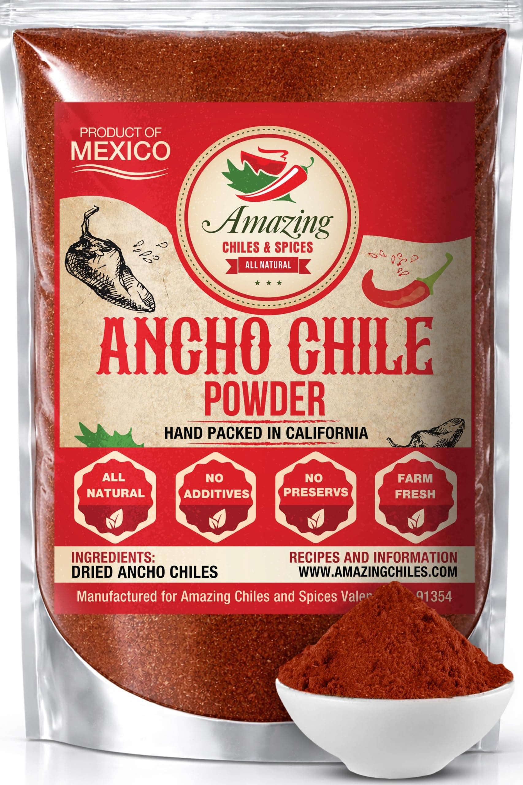 Ancho Chile Pepper Powder Ground (4oz) – Natural and Premium. Great For Recipes Like Mexican Mole, Sauces, Stews, Salsa, Meats, Enchiladas. Mild to Medium Heat, Sweet & Smoky Flavor.