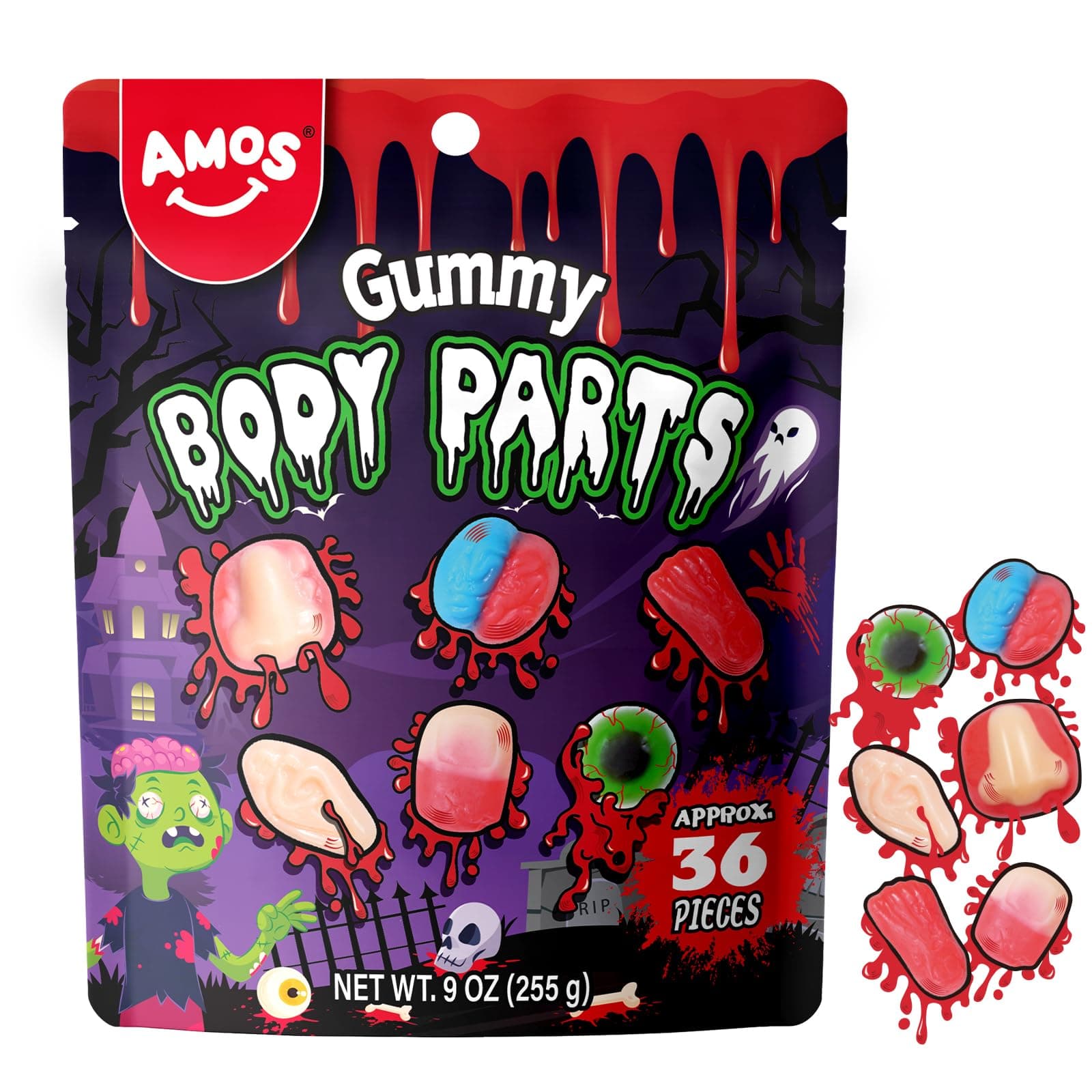 AmosHalloween Gummy Body Parts, Spooky Candy for Trick-or-Treat, Halloween Snacks, and Edible Decorations – Approx. 36 Individually Wrapped Pieces, 9oz Bag