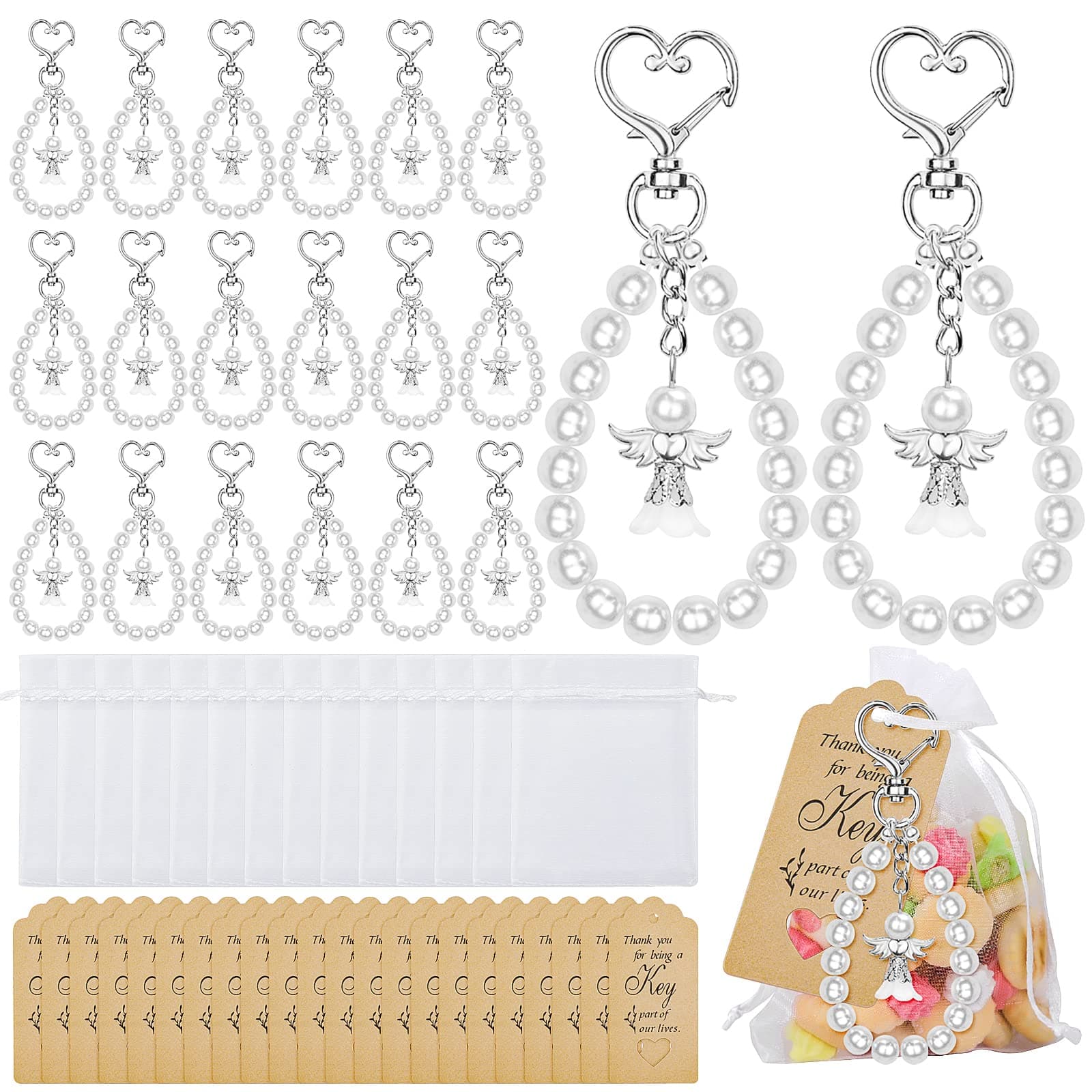 Dreamtop 20 Sets Angel Keychains Favor, Pearl Angel Keychain Gifts Bulk Guardian Angel Pendant Keychain with Thank You Tags Organza Bag for Wedding Baby Shower Baptism Party Favors for Guest