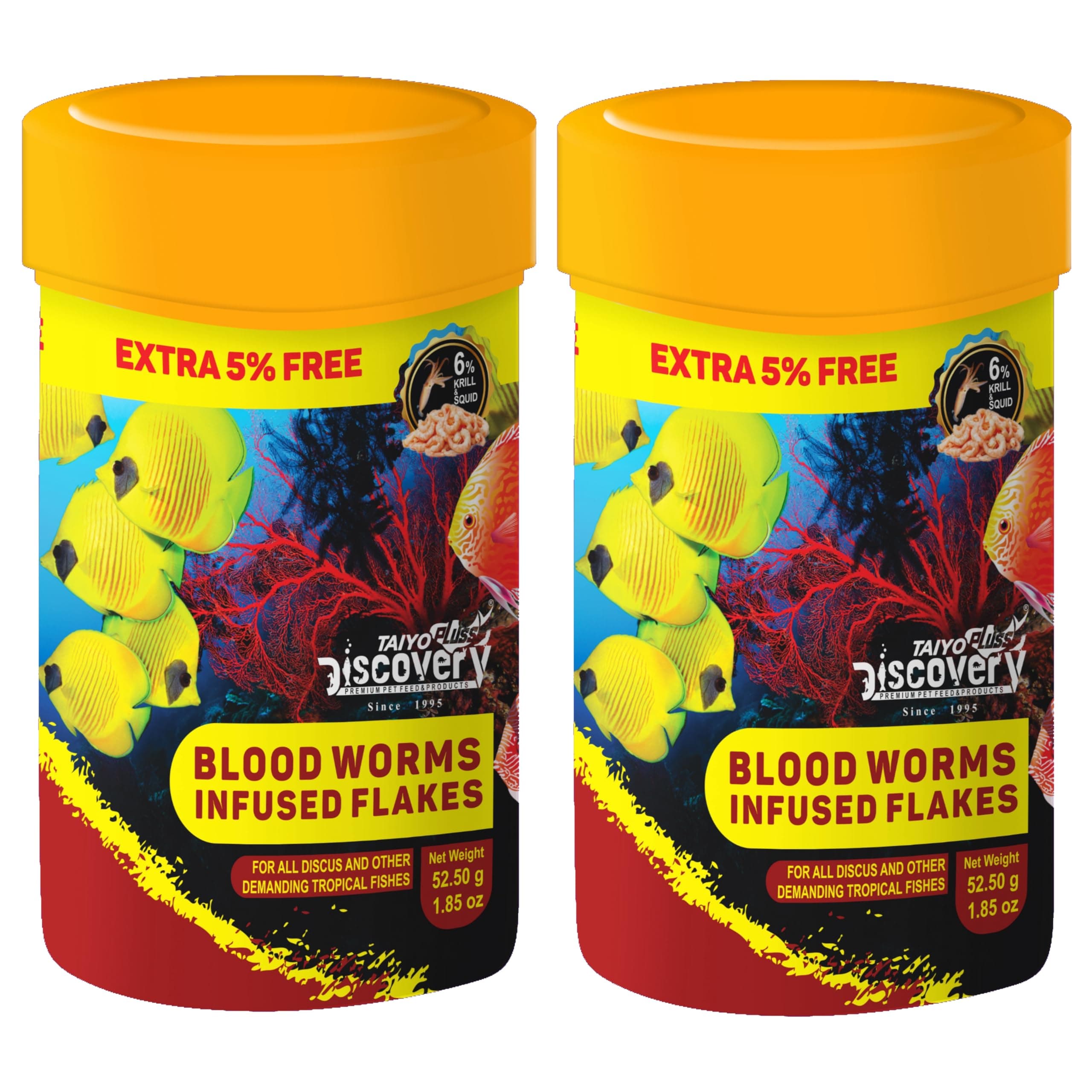 Taiyo Pluss Discovery Blood Worms Infused Flakes Fish Food - 52.5 g (50 g + Extra 5% Free) (Pack of 2) | Premium Slow Sinking Diet for Fishes with Krill & Squid for Active Growth & Coloration