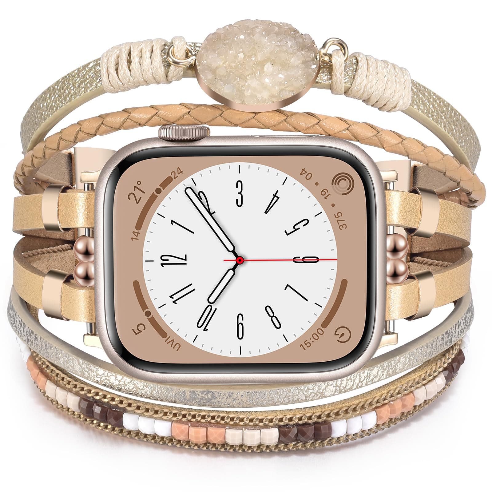 KOREDA Boho Leather Bracelet Compatible for Apple Watch Band 38mm 40mm 41mm 42mm 44mm 45mm Series 9 8 7 SE Women, Handmade Multilayer Wrap Jewelry Apple Watch Strap for iWatch Series 6/5/4/3/2/1