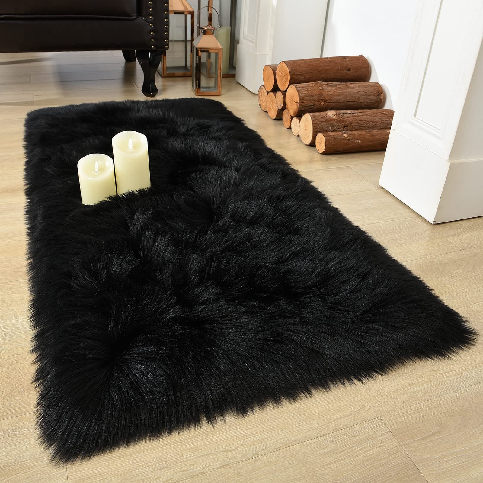 LOCHAS Soft Fluffy Faux Fur Rugs for Bedroom Bedside Rug 2x4 Feet, Washable, Furry Sheepskin Area Rug for Living Room Girls Room, Luxury Shag Carpet Home Decor, Black