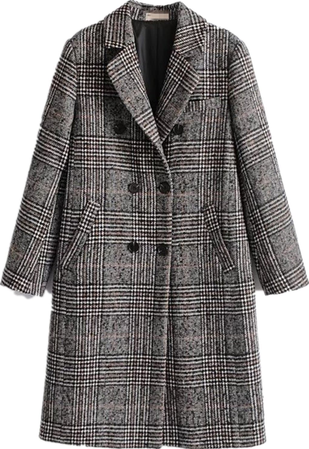 Face DreamWomen Classic Lattice Winter Overcoat Lapel Double Breasted Woolen Long Coat