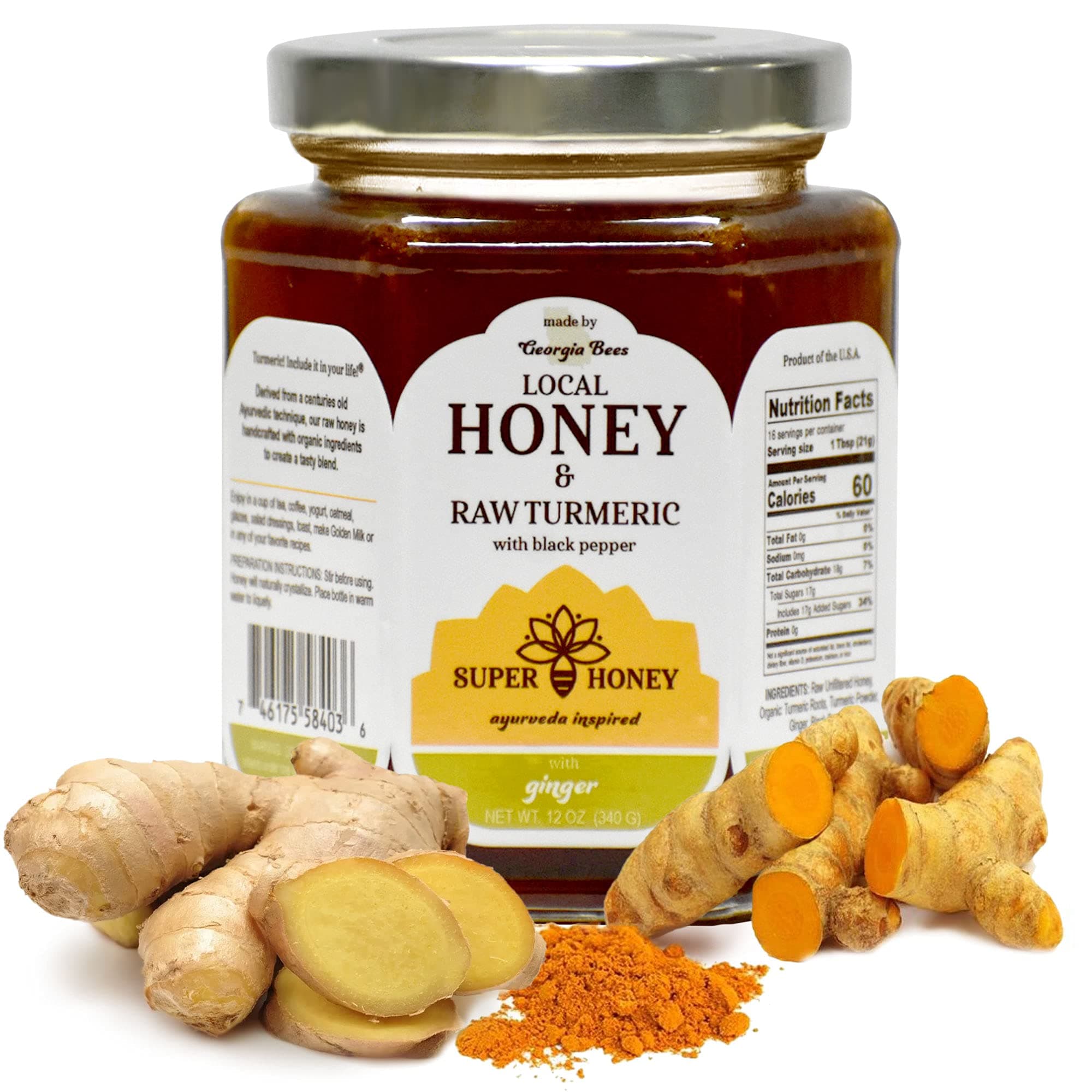 Super Honey - Georgia Honey - Raw Turmeric Honey Plus Turmeric Root, Ginger Root, and Turmeric Powder - 4 Pack - Ayurveda Inspired Pure Honey - 12oz. Jar Plus 1 oz. Organic Ginger Root, 1oz. Organic Turmeric Root & 1oz. Turmeric Powder