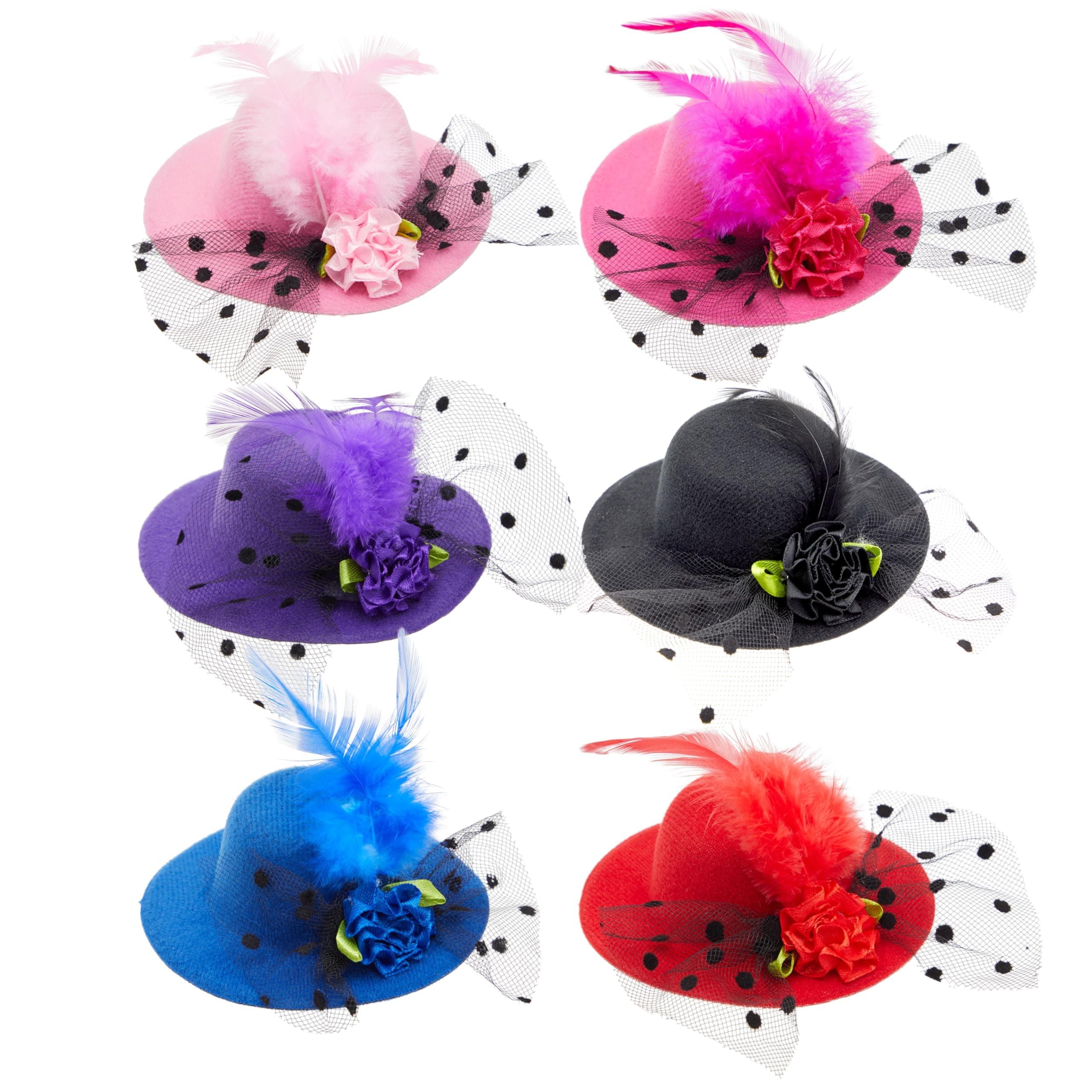 Mini Tea Party Hats - Clip-On Fascinator Hats for Women & Girls - Feather & Flower Accents for Tea Party Decorations - Pack of 6, 4 in, Multicolor