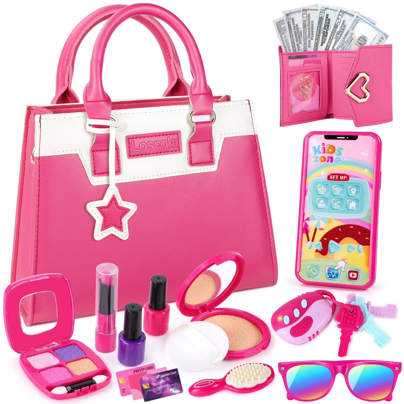 Play Purse for Little Girls, Toddler Purse with Pretend Makeup, 29PCS Kids Purse Little Girls Toys, Princess Pretend Play Girl Toys for 3 4 5 6 7 8 Years Old, Toddler Birthday Gift Age 3+